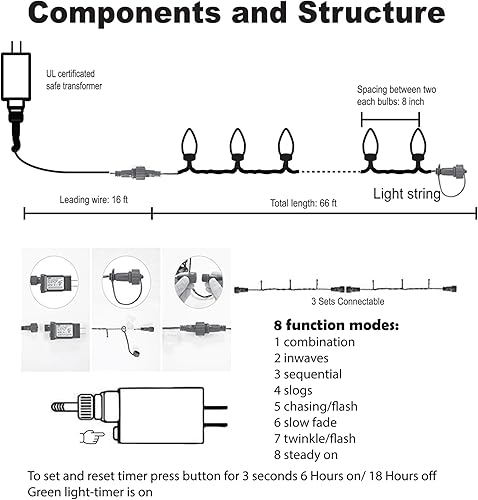 Miniatura 2 de TW SHINE Luces de Navidad C9, 100 luces LED de 66 pies para exteriores, con 8 modos de temporizador, impermeables, conectables para interiores,