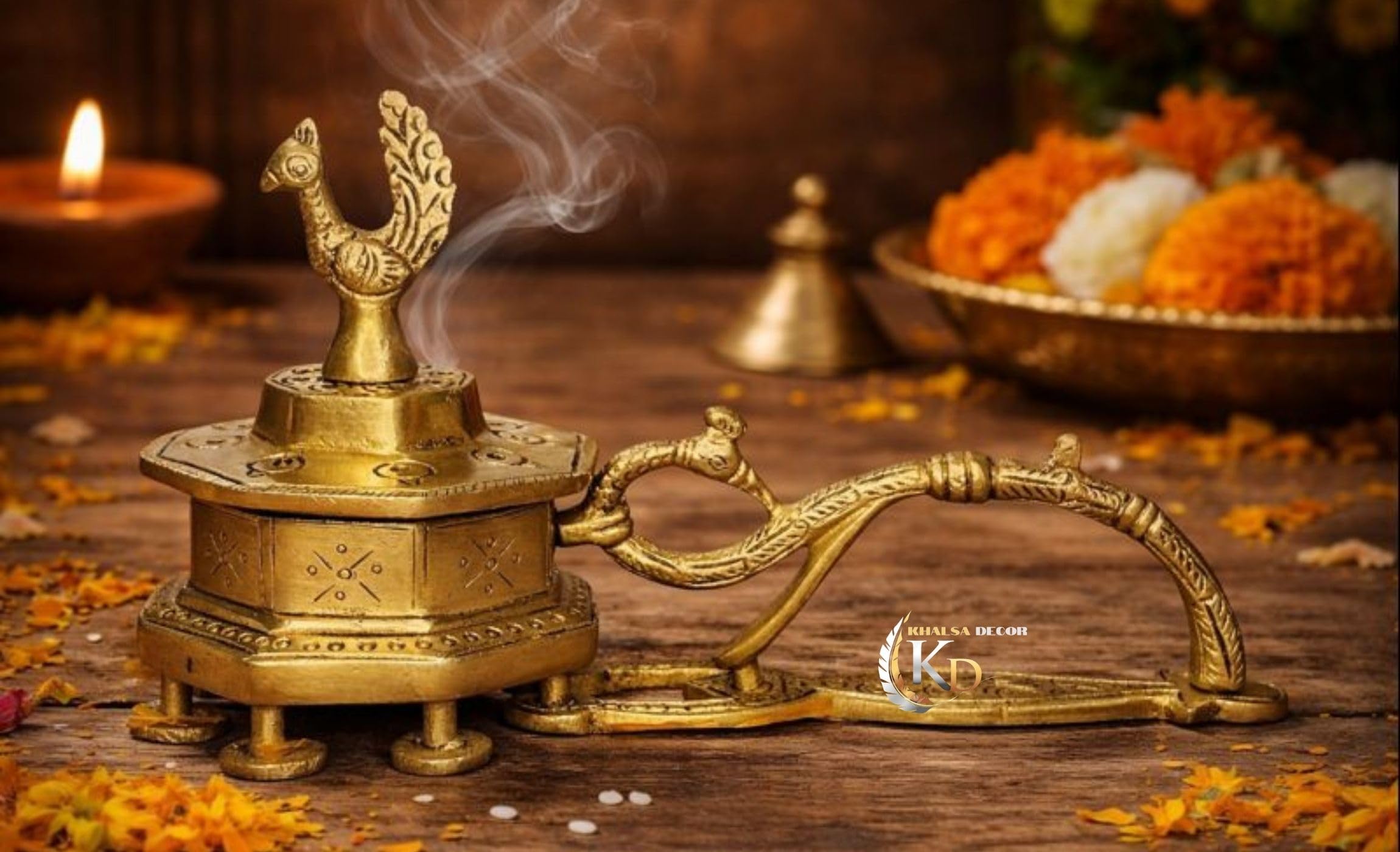 KHALSA DECOR Brass Peacock Dhoop Dani with Handle, Traditional Brass Peacock Design Loban Dhoop Holder for Pooja, Home Living Decor,