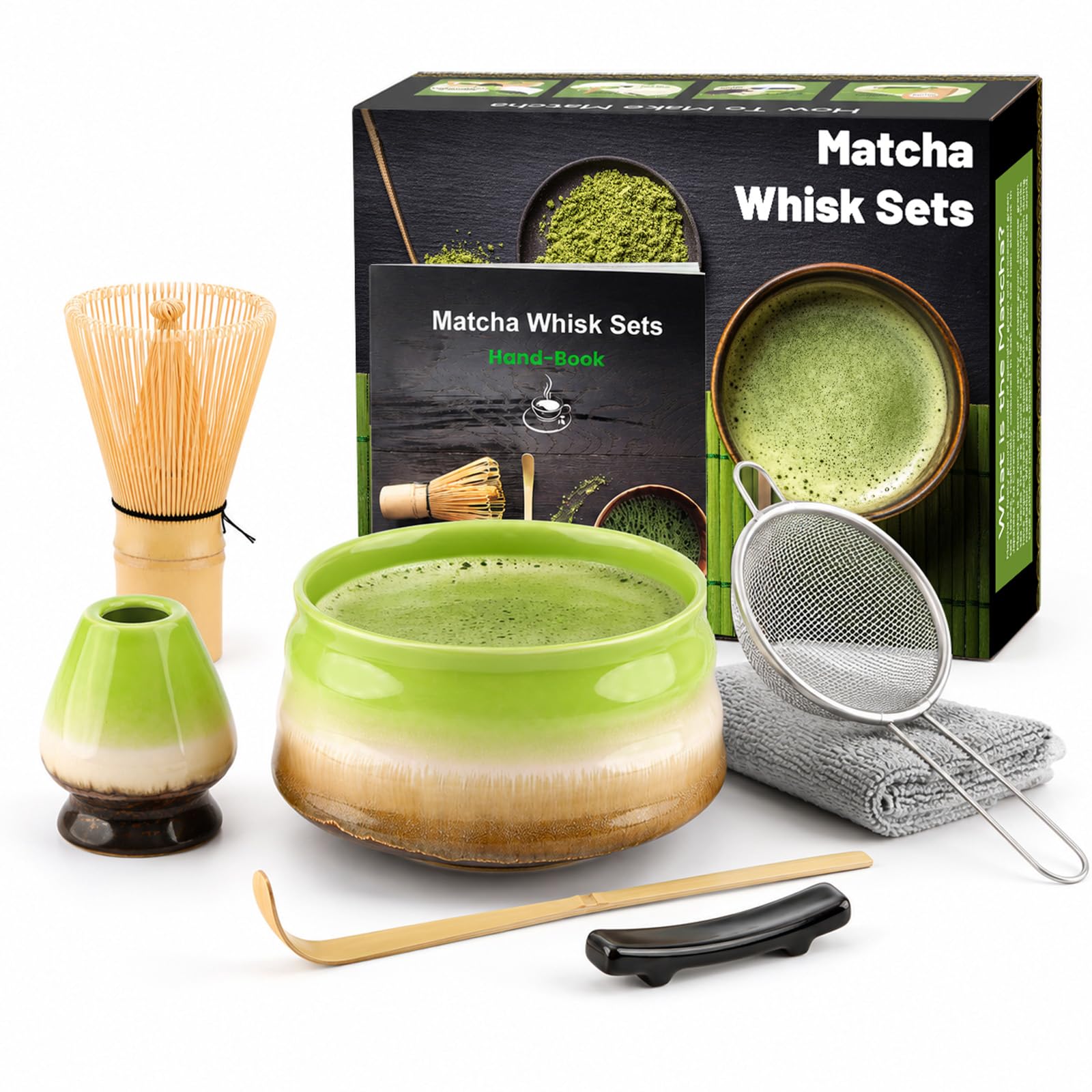 7pcs Matcha Set, Matcha Whisk Set - Matcha Whisk Bamboo, Whisk Holder, Matcha Bowl, Scoop, Sifter, Absorbent Cloth - Japanese Tea Ceremony Set for Home Use or as a Gift, Kiln-Change Green — image 1
