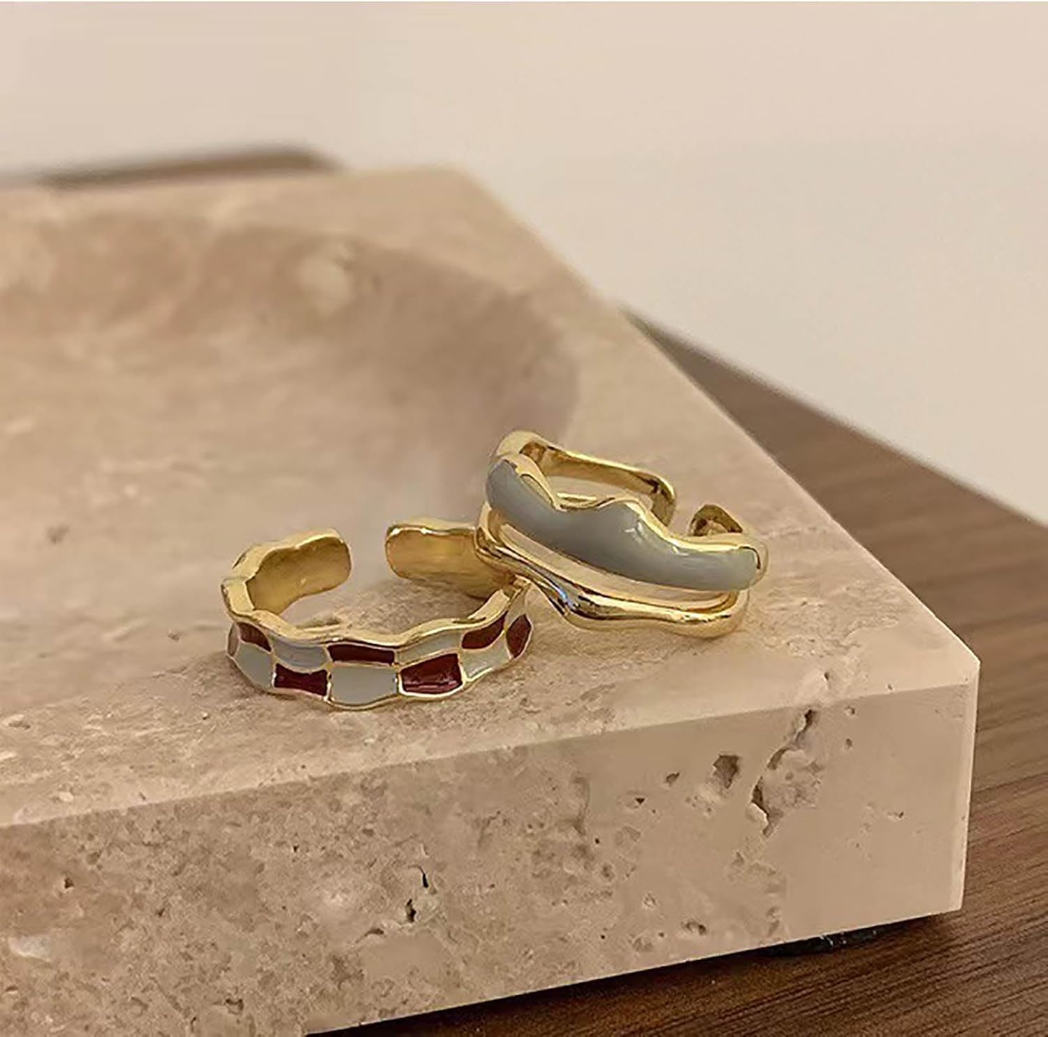 W WEILIRIAN Vintage Beige Enamel Rings for Women lattice Knuckle Rings Minimal Stacking Ring Boho Finger Ring Enamel Open Ring Handmade Adjustable Ring Jewelry for Girls Gifts - Image 4