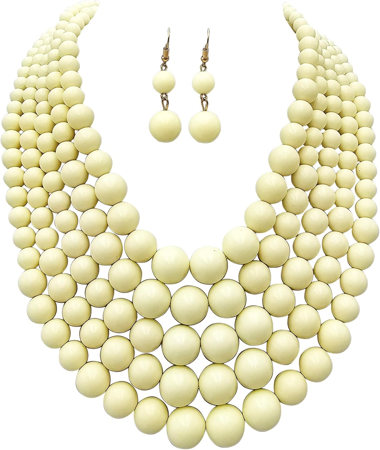 Rosemarie & Jubalee Women's 5 Colorful Multi Strands Simulated Pearl Bib Necklace And Earrings Jewelry Set, 16"+3" Extender