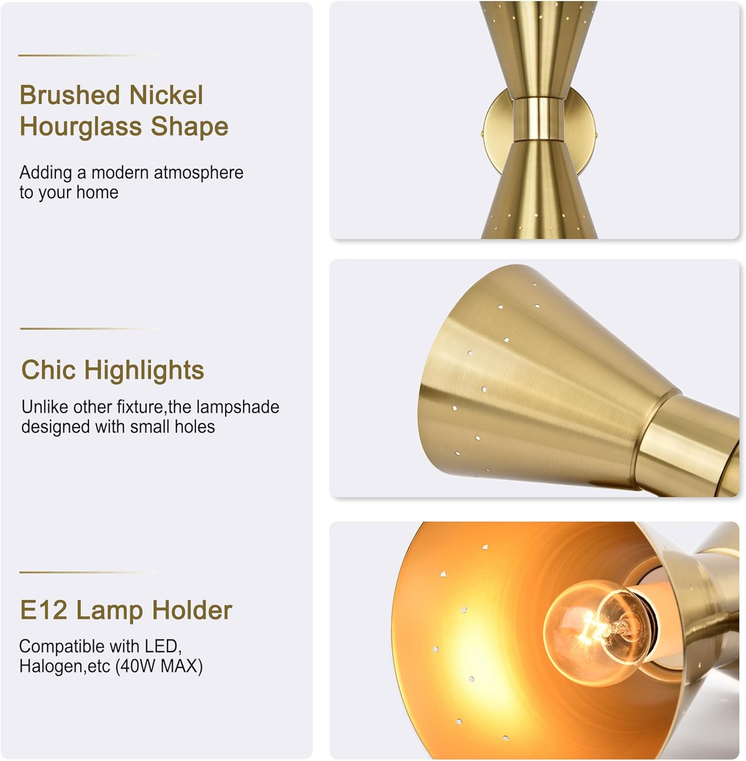 Modern Brass Wall Sconce Set of 2, Small Mid Century Sconce Wall Lighting E12 Base Vintage Hardwired Wall Lamp Indoor Bathroom Wall Mount Light Fixture for Bedroom, Living Room, Hallway