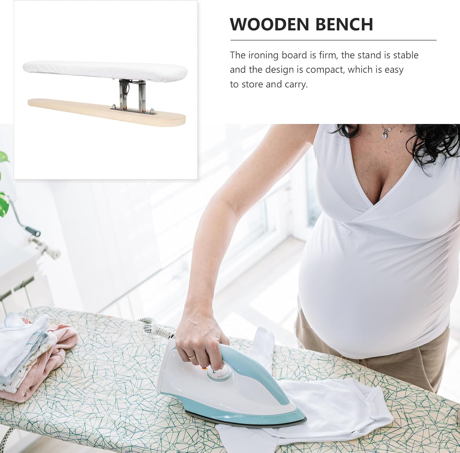 Portable Wooden Ironing Stool with High Temperature Resistant White Cover Lightweight Breathable Board for Home and Travel Smooth Surface for Shirts Sleeves and Tailoring Use