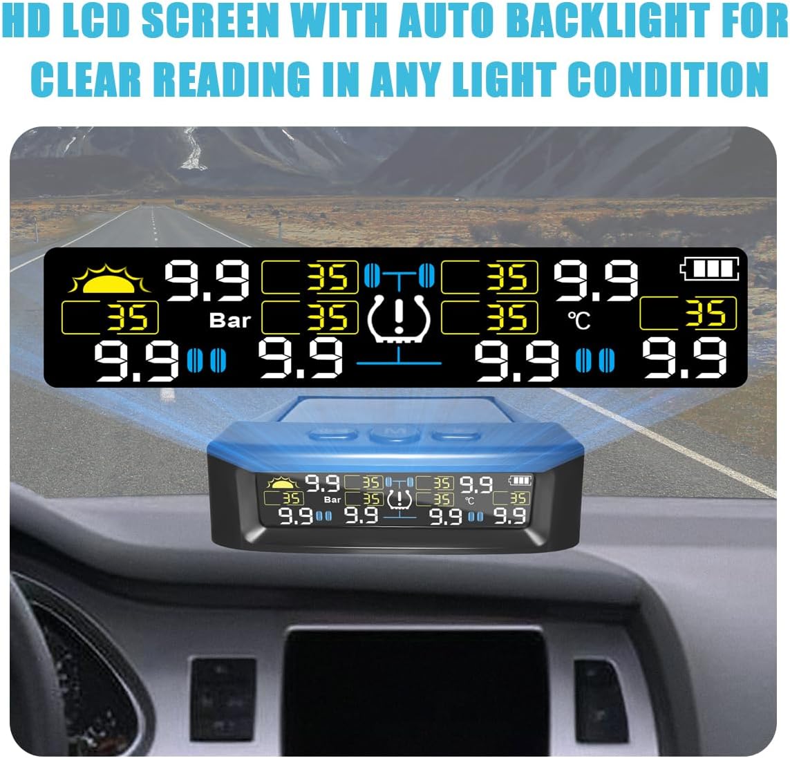 Tire Pressure Monitoring System Wireless with 6 External Sensors & 5 Alarm Modes, Real Time Display of Tire Pressure & Temperature, Solar & USB Charging (0-144PSI)