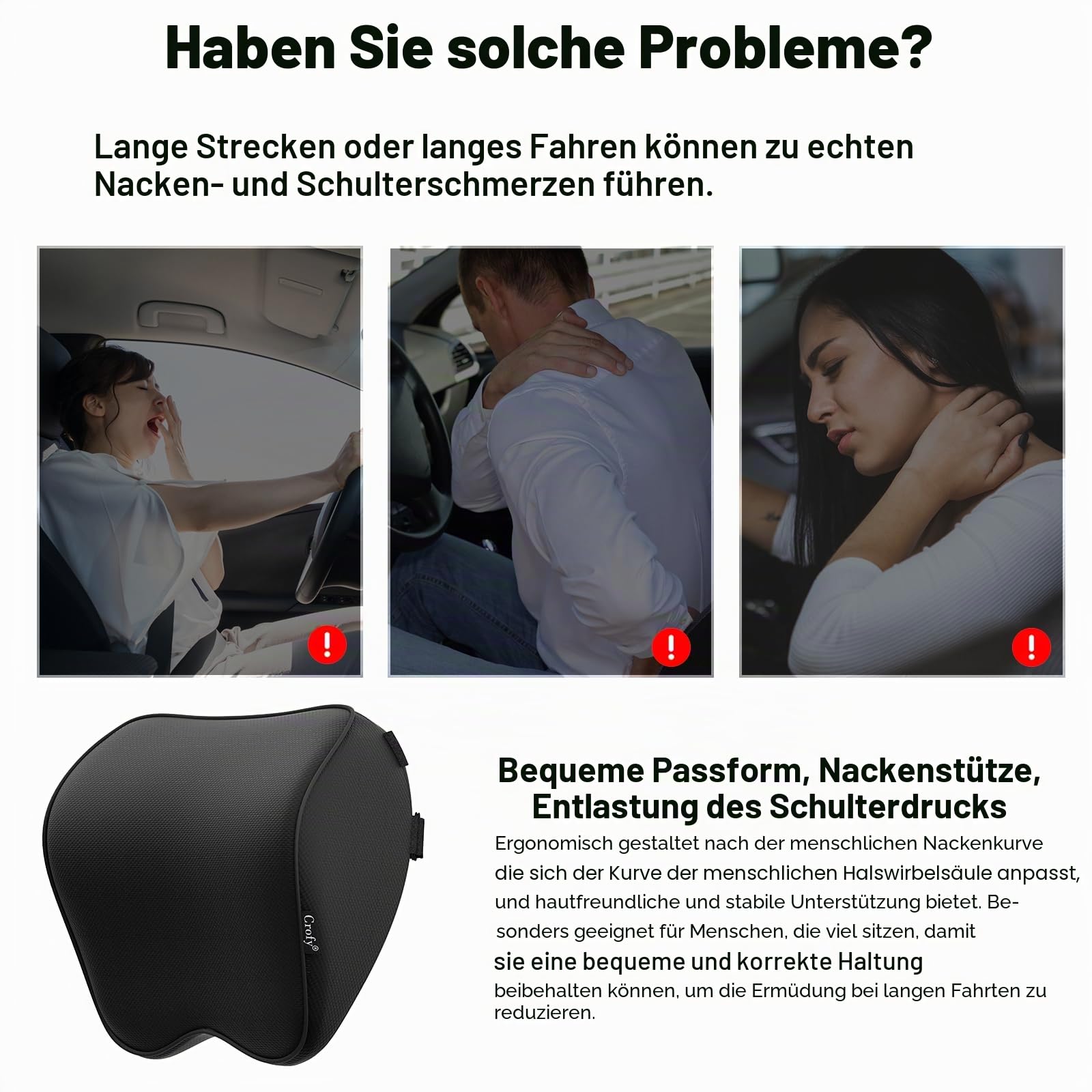 Crofy 2er-Set Autonackenkissen, weiche Autokopfkissen für die Autofahrt mit verstellbarem Gurt, 100% Memory-Schaum und atmungsaktive abnehmbare Hülle, Komfortables ergonomisches Design, Schwarz