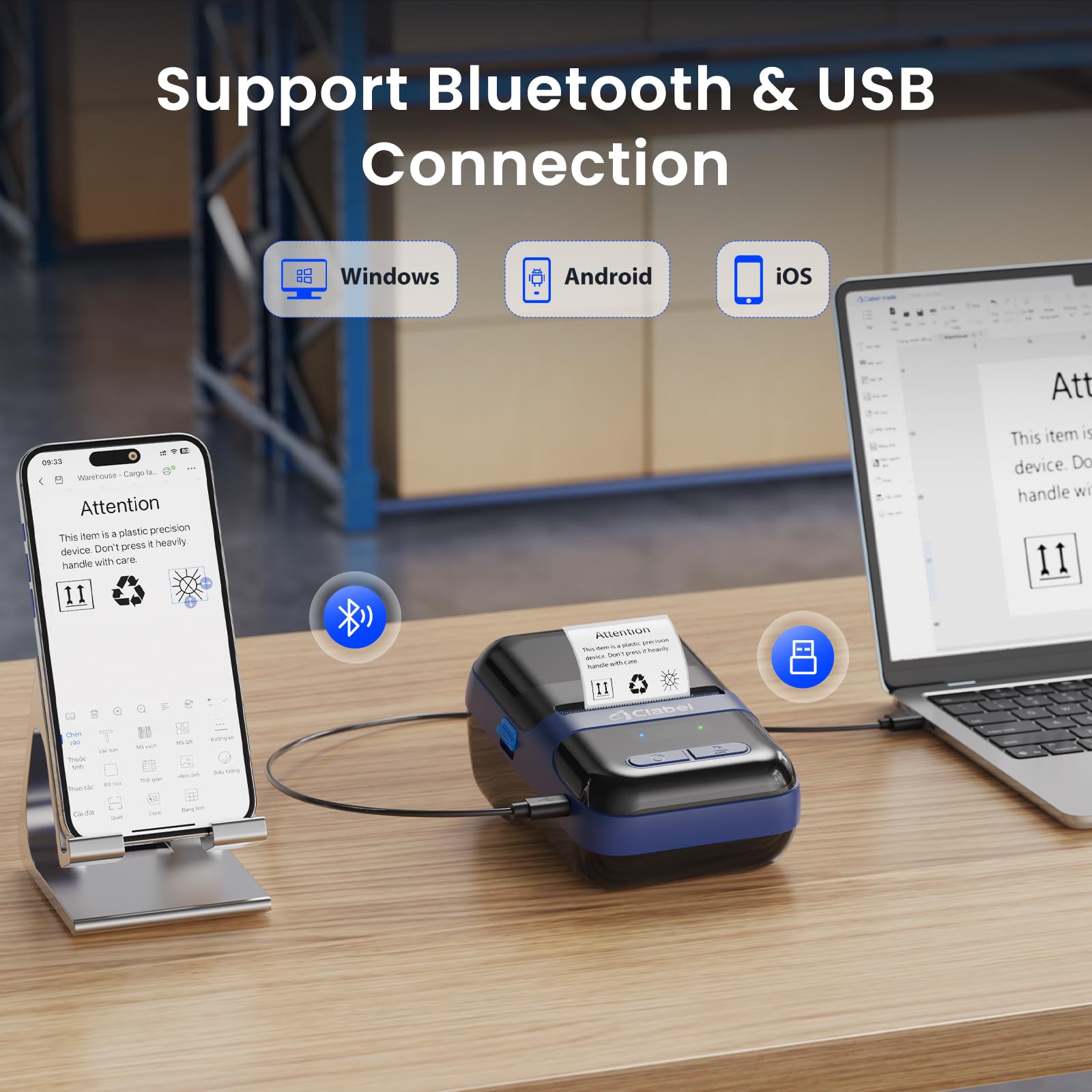 CLABEL Przenośna mini drukarka etykiet: 230B Bluetooth termiczna etykieta z kodami kreskowymi kompatybilna z drukarką etykiet iOS i Android z 3 rolkami etykiet biurowych (230B-czarny)