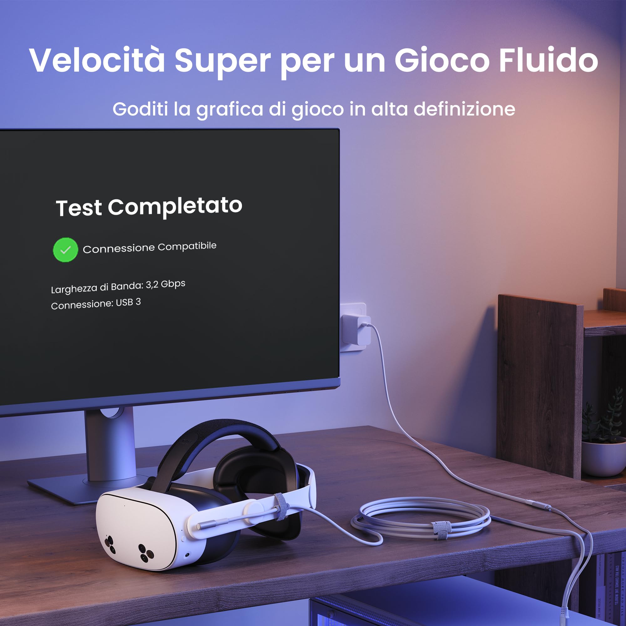 KIWI design Cavo Link con Caricamento 5M Compatibile con Meta Quest 3s Quest 3 Quest 2/Pro/Accessori Pico 4 e PC/SteamVR, Cavo USB 3.0 a USB-C con Super Velocità 5 Gbps, per Gioco Prolungato