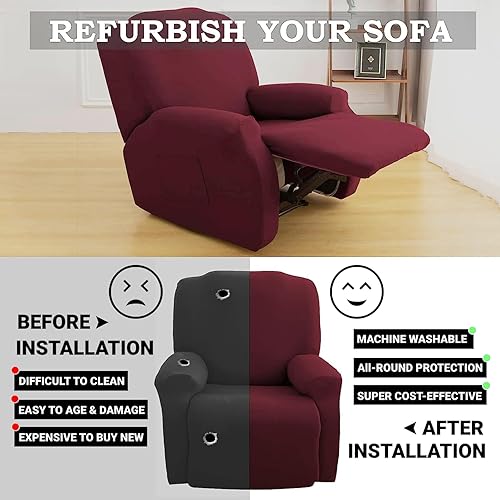 Miniatura 8 de ZNSAYOTX Funda de terciopelo elástica para sillón reclinable de 4 piezas, funda suave y gruesa para silla reclinable con bolsillo, parte inferior