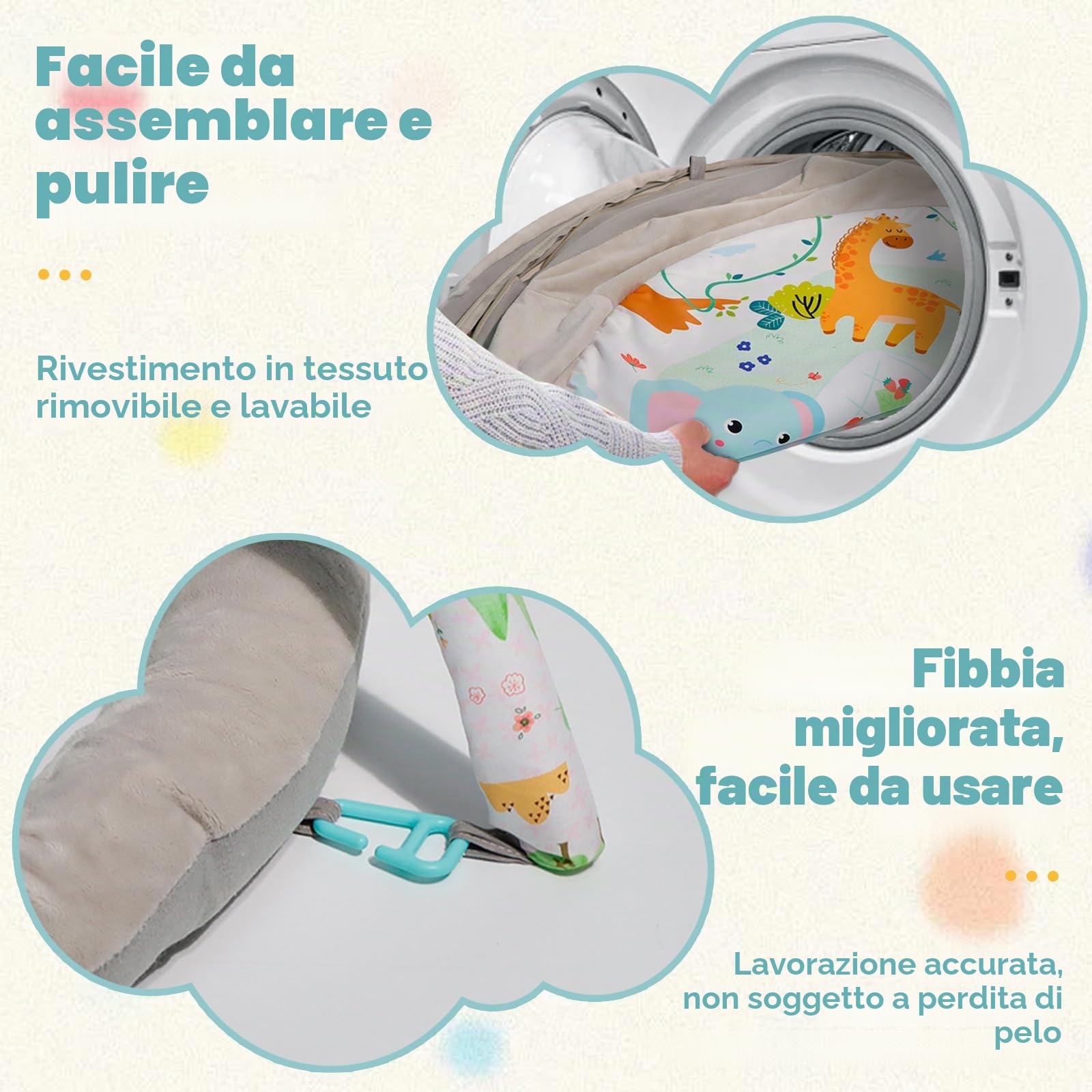 Tappeto e palestra per il gioco del bambino in peluche,Con 6 giocattoli e cuscino luna. Design zoo piegabile, smontabile,Promuove l'ed Aucazione precoce, Baby Tappeto e palestra
