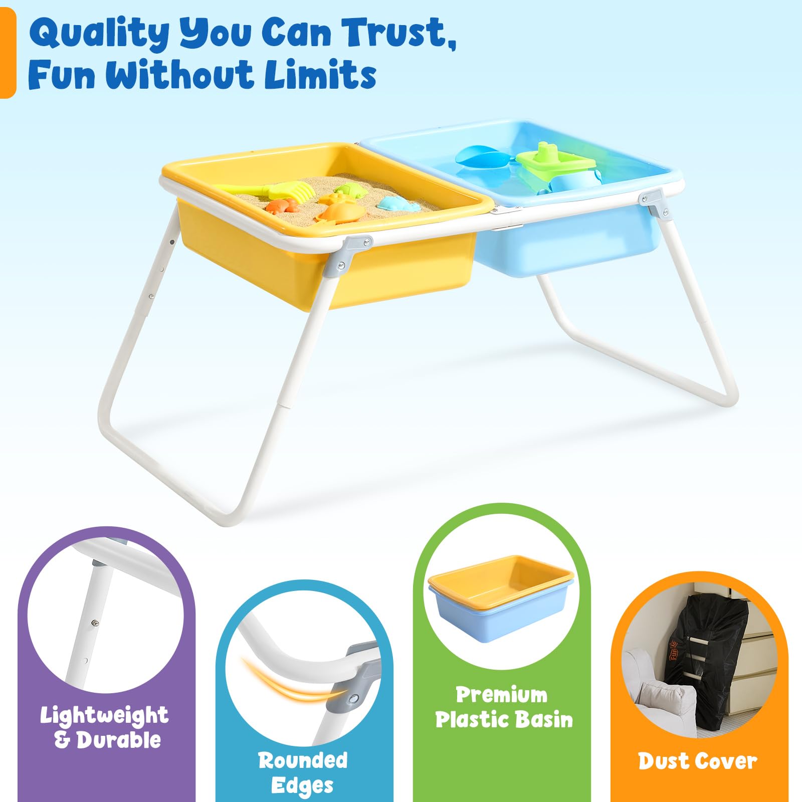 FUNLIO Table de Sable et d’Eau Pliante pour 3-6 Ans, Table Sensorielle pour Tout-Petits Réglable en Hauteur avec Housse Anti-Poussière, 2 Boîtes de Rangement & Accessoires de Plage, Portable