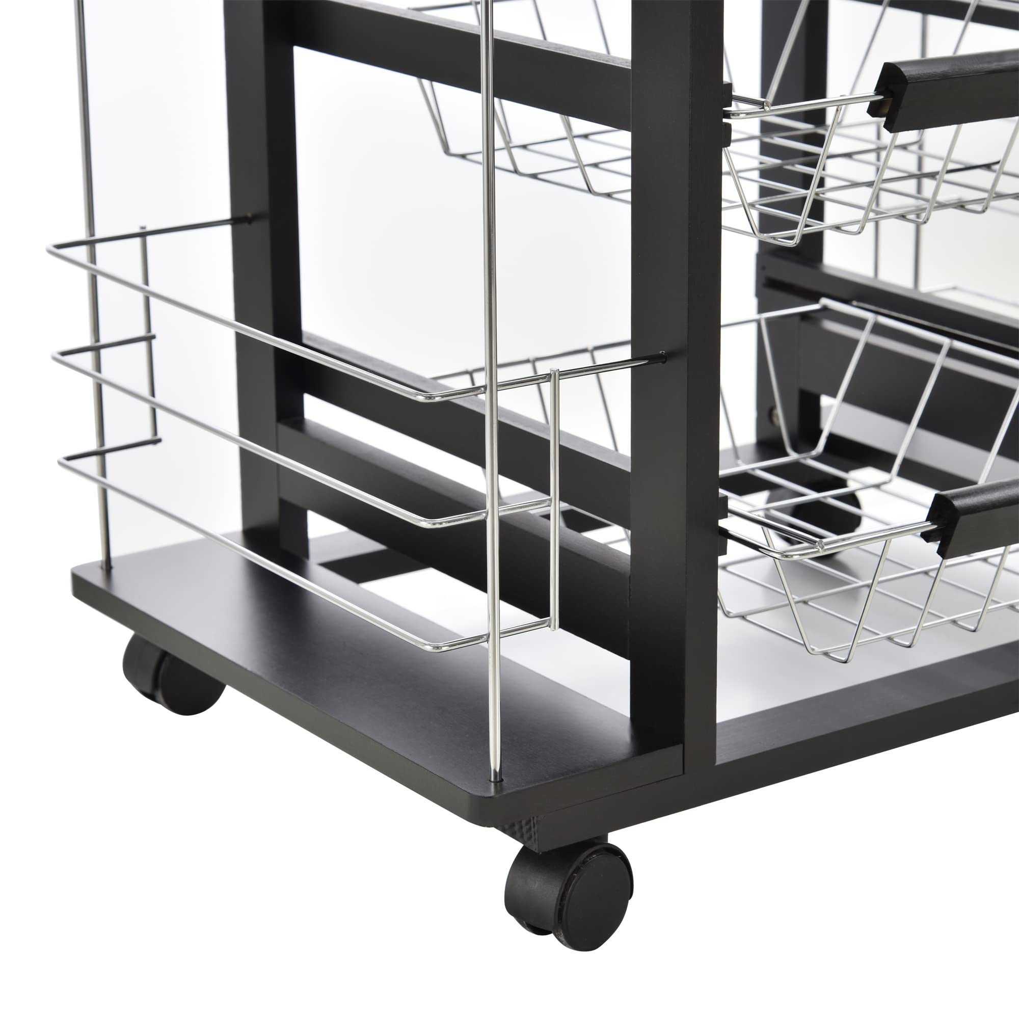 HOMCOM Carro de Servicio de Cocina con Ruedas, multialmacenamiento, 4 cestas de Metal cajón + 4 Botellas, Madera de Pino Negro, Bandeja de baldosas, Color Blanco
