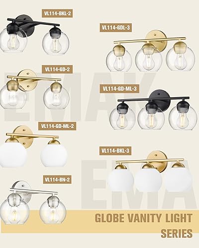 Miniatura 6 de Emak VL114-BKL-3 - Luces de tocador de 3 luces para baño, lámparas negras sobre el espejo, luz de tocador de globo con pantalla de vidrio