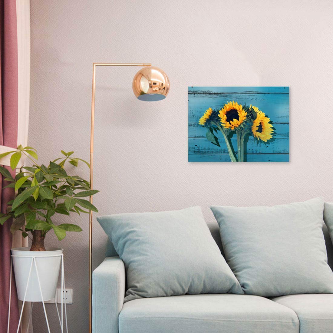 Rustic Bathroom Decor for the Home Country Wall Art for Bedroom Sunflower Themed Farmhouse Bathroom Pictures Teal Decor Kitchen Canvas Framed Artwork for Walls Blue Wooden Board Modern Home Size 12x16