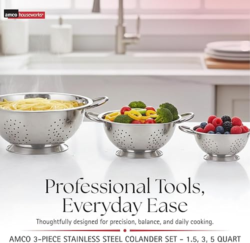 Miniatura 2 de Amco Juego de 3 coladores de acero inoxidable, varios tamaños, 1.5, 3, 5 cuartos de galón, duradero, diseño de grado profesional con asas para una