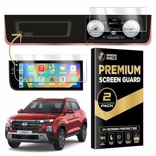 Spartan Shield Screen Guard COMBO For HYUNDAI CRETA 2026 [2024 - Running] | 12.3-inch Android Aftermarket INFOTAINMENT + 10.25 INSTRUMENT CLUSTER Protector || Perfect Fit For CRETA E Base Model Display || Anti Scratch | Water Repellant | HD Clear | High Touch Sensitivity | With Complimentary Installation Kit | Bubble Free Application | Creta 2025 12inch Car TouchScreen Music System Accessories [Not Tempered Glass]