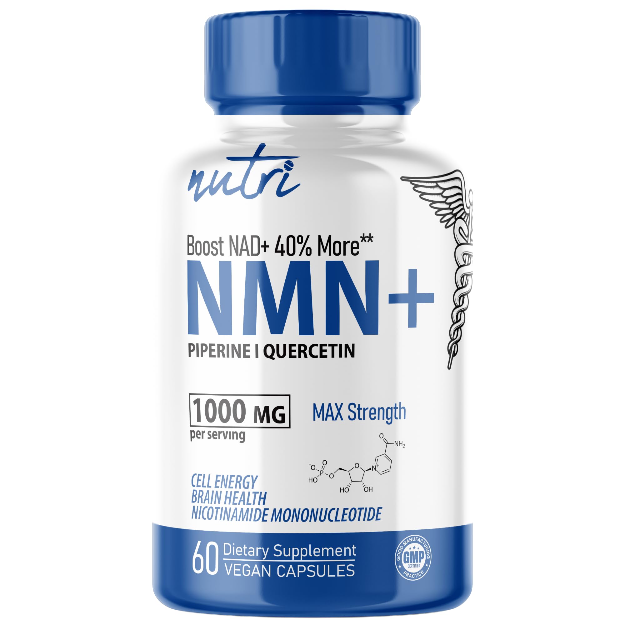 NMN Supplement 1000mg NAD Supplement - Nutri Ultra High Absorption Stabilized NMN Nicotinamide Mononucleotide, 40% More NAD+ with Quercetin Phytosome & Black Pepper - mnm supplement (60 Capsules)