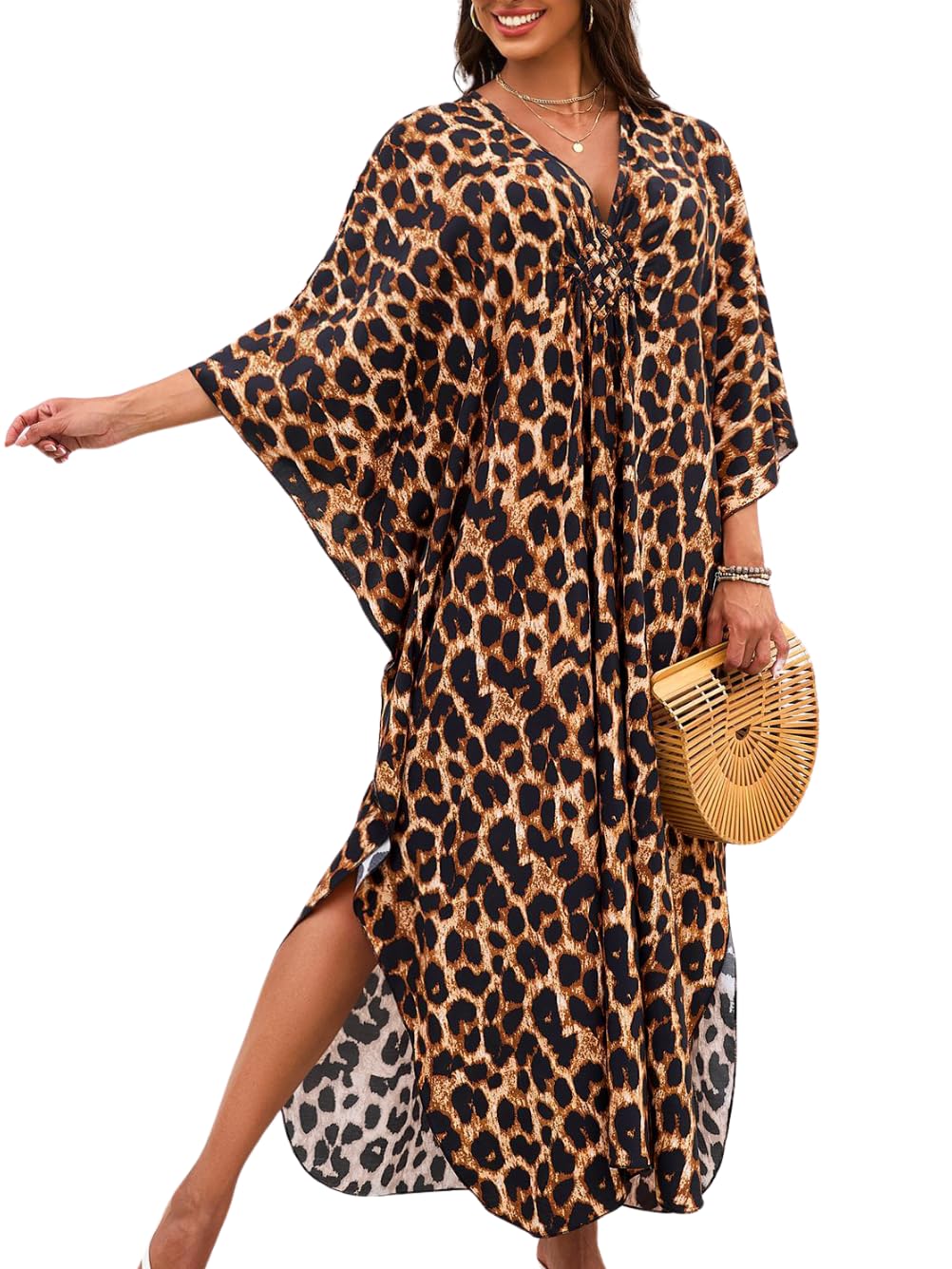 Print Moo-Moos for Women Kaftan Cover-Up Dresses Sexy V-Neck High-Slit Beach Pool-Party Coverups Muumuu Plus