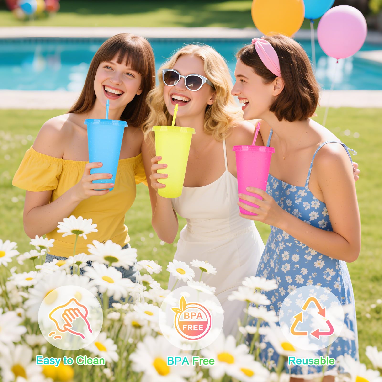 Paquete de 12 vasos que cambian de color, vasos de plástico de 24 onzas con pajitas y tapas, taza de café helado reutilizable para agua fría para fiestas de viaje