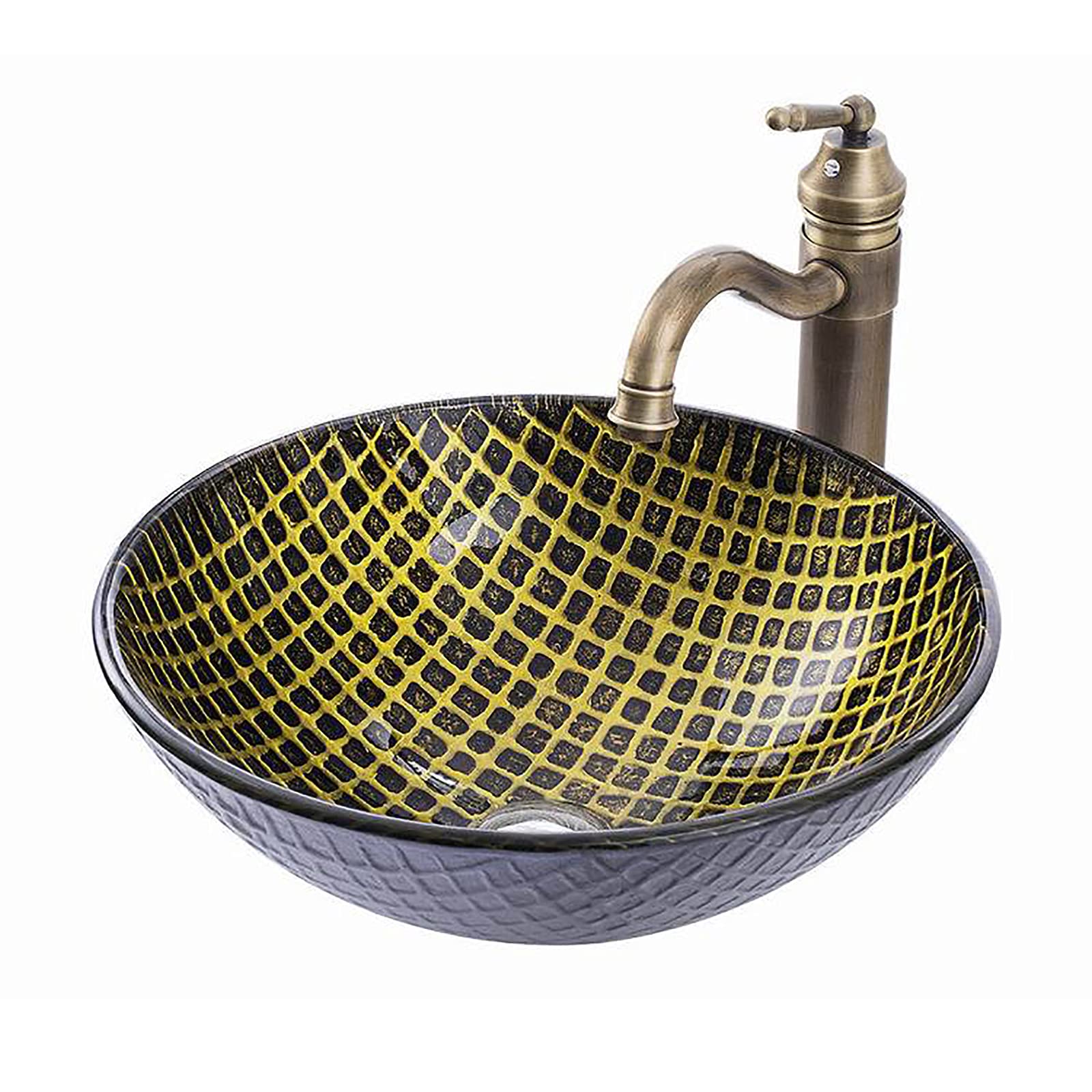 WDSOPK Bathroom Vessel Sink, Round Tempered Glass Sink Artistic Bowl Yellow Plaid Countertop Vanity with Pop Up Drain Combo