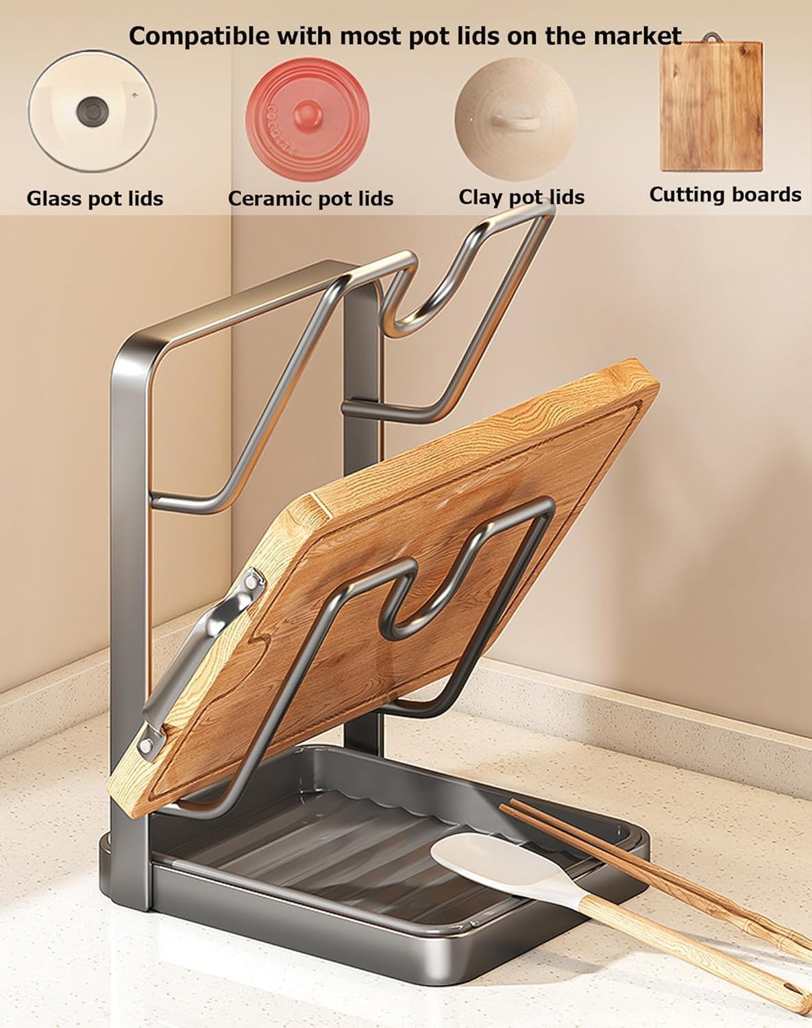 Kitchen Pot Lid Storage Rack, Stainless Steel Pot Lid Holder While Cooking for Countertop, Multifunctional Pots Lids Organizer Rack with Removable Drip Tray for Spatulas, Ladles & Large Lids(Gray) - Image 7