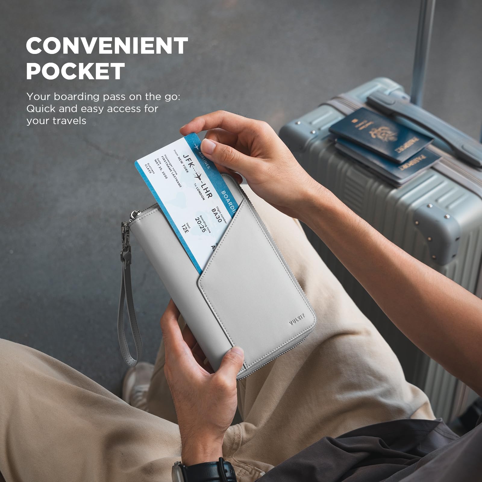 VULKIT Skórzany uchwyt na paszport rodzinny organizer na dokumenty podróżne z blokadą RFID, portfel podróżny, wąskie, podwójne gniazda, karty SIM i uchwyty na karty, szary, Minimalistyczny