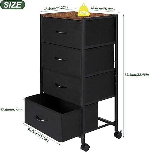 Miniatura 3 de LIANTRAL Mesita de noche con cajones, 4 cajones de almacenamiento de tela con ruedas, cómoda de fácil montaje para dormitorio, dormitorio, pasillo,