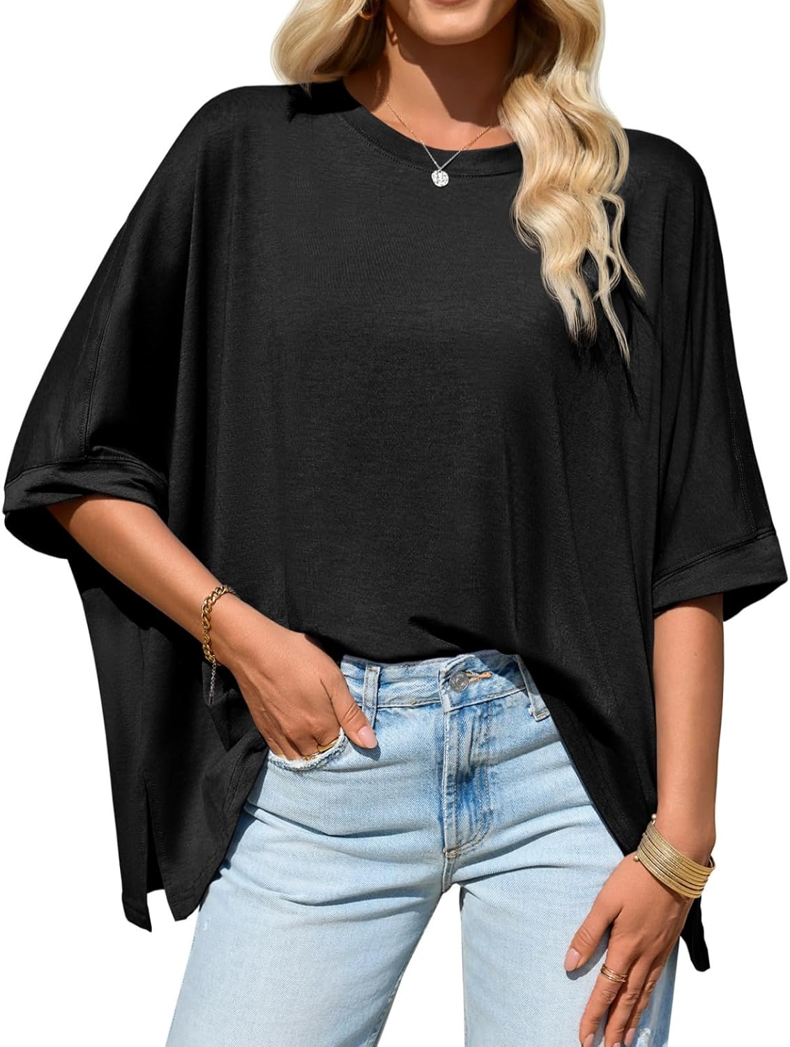 Tankaneo Womens Oversized Tshirts Batwing Short Sleeve Asymmetric Hem Tops Summer Casual Loose Fit Tunic Tee Shirts