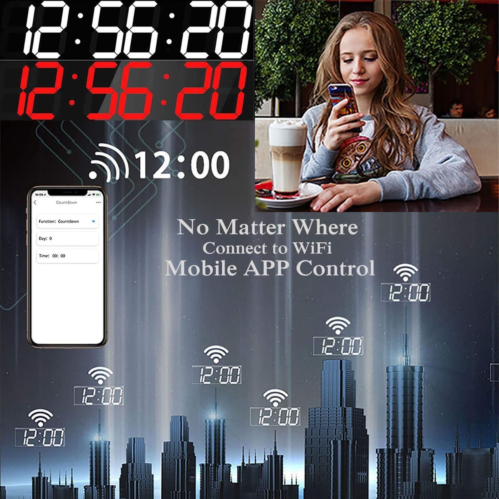 Orologio da parete digitale a LED, controllo WiFi tramite Internet, cronometro integrato, conto alla rovescia, sveglie, temperatura, memoria di spegnimento, per ufficio, casa, cucina, palestra, blu