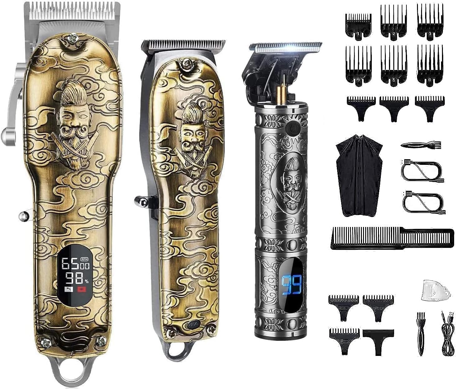 Haircut Clippers and Trimmers Set of 3, Cordless Ornate Hair Clippers for Men Professional Barber Clippers for Hair Cutting Kit with T-Blade Beard Trimmer Set, Knight, LED Display(Gold)