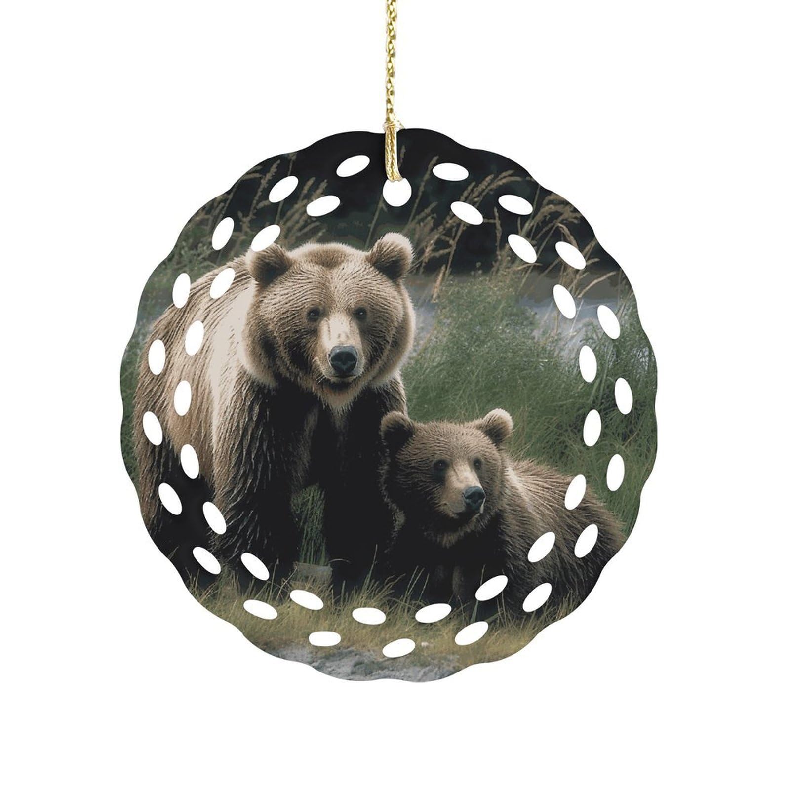 Btcowzrv Style A Mother And A Cub Bears Ceramic Ornament,Round Ornaments With Hole Easy To Hang,Hanging Ornament For Wedding Party Home Window Garden Christmas Day Decor