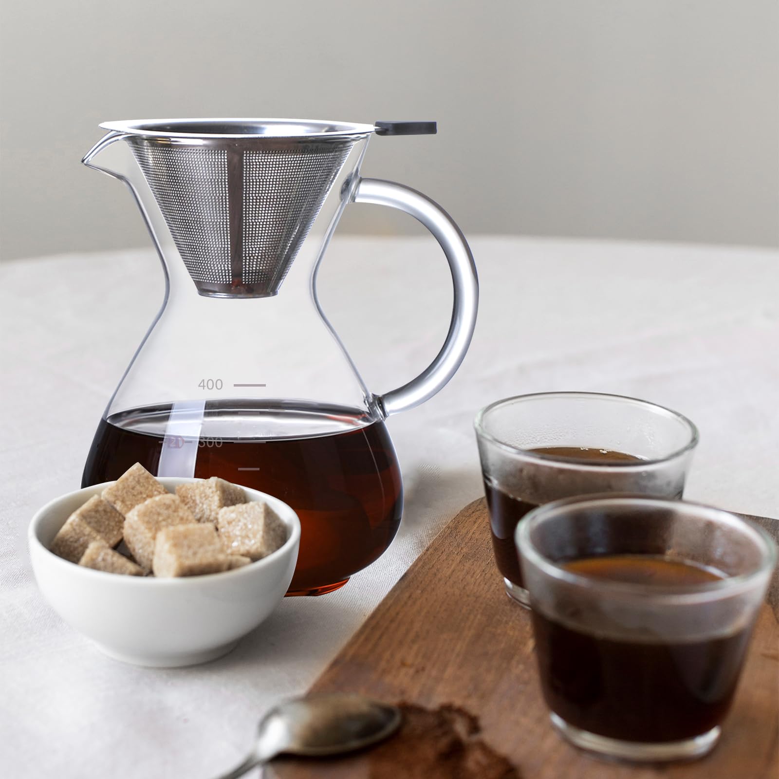 Cafetière Manuelle, 400ml Verre Cafetière Filtre avec Filtre Café Permanent et Poignée Résistante à la Chaleur, Permet de Préparer Jusqu'à 2 à 3 Tasses pour la Maison