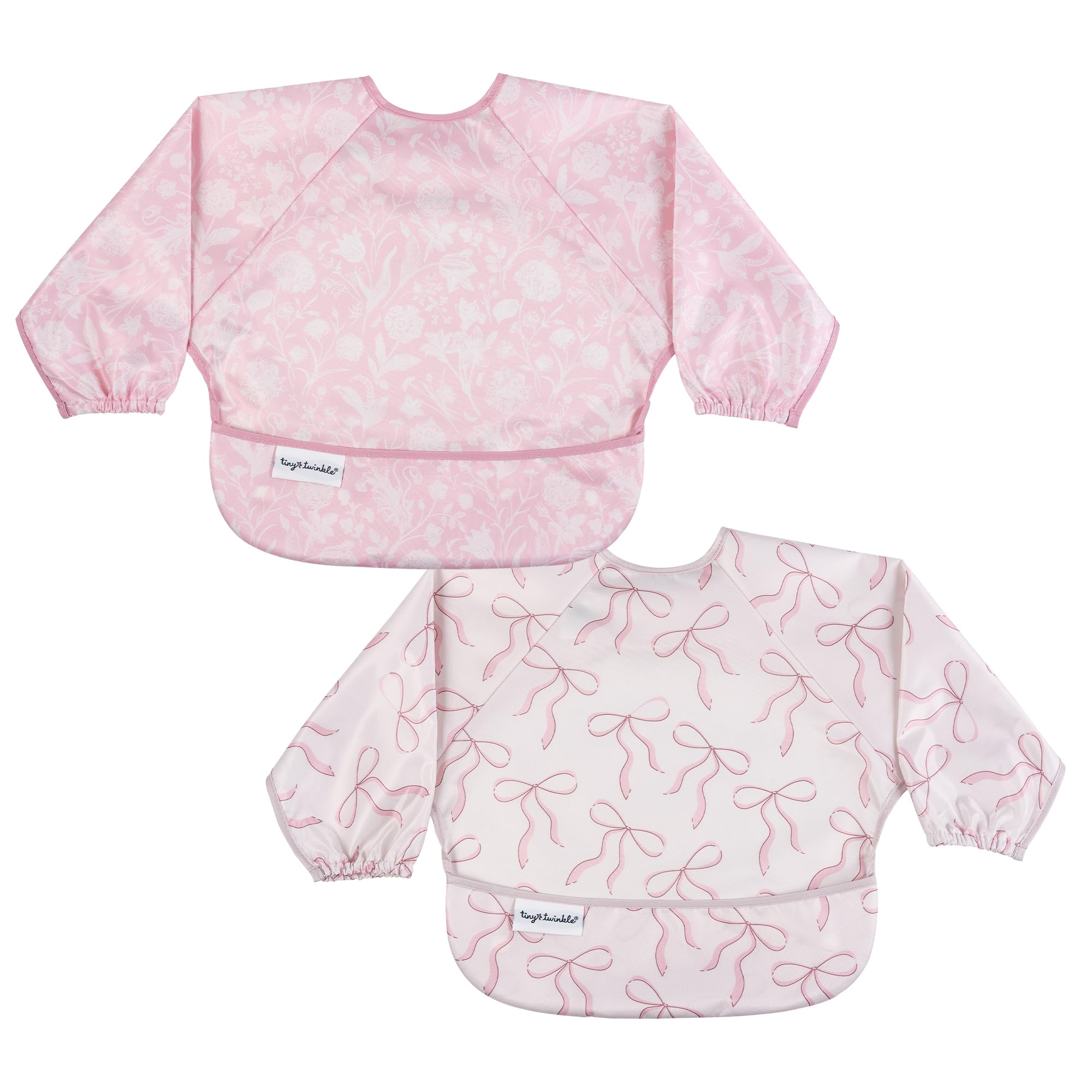 Tiny Twinkle Mess Proof Baby Bibs, 2pk Waterproof Smock Baby Bibs for Eating, Machine Washable Long Sleeve Bibs, Baby Led Weaning, Toddler Bibs, BLW Supplies (Toile,Bows, Small 6-24 Months)