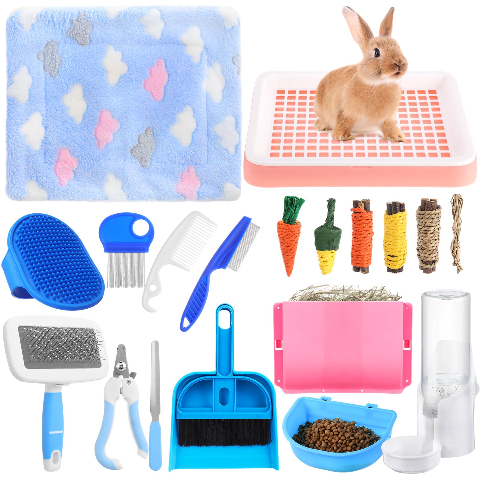 19 Pcs Rabbit Starter Kit Small Bunny Litter Box Rabbit Grooming Kit Water Bottle Bunny Toys Hay Feeder Bowl Blankets with Cleaning Set for Guinea Pig Accessories (Pink-White,Strawberry Bear)