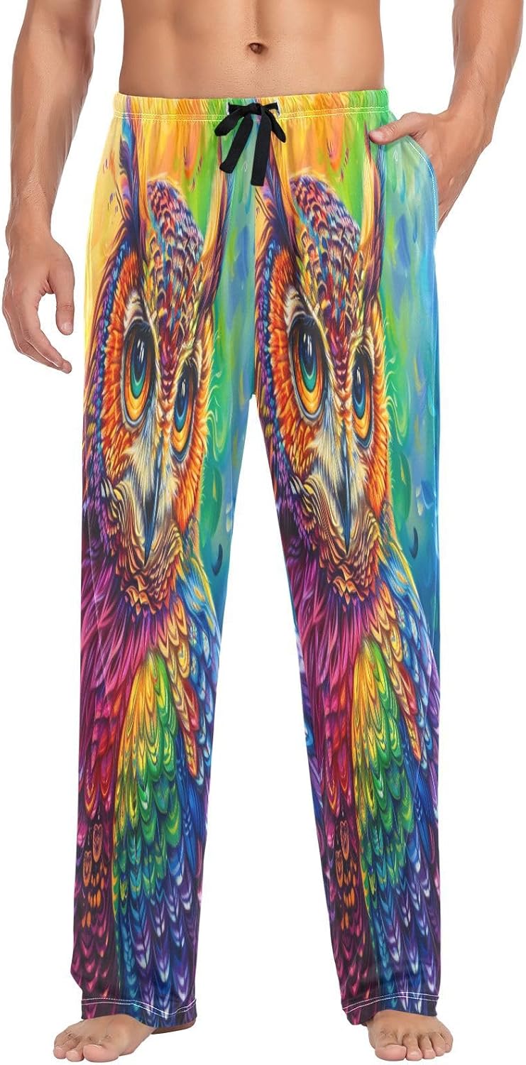 ALAZA Rainbow Owl Panting Men's Pajama Pants Men Cotton Pajama Bottoms with Pockets, S