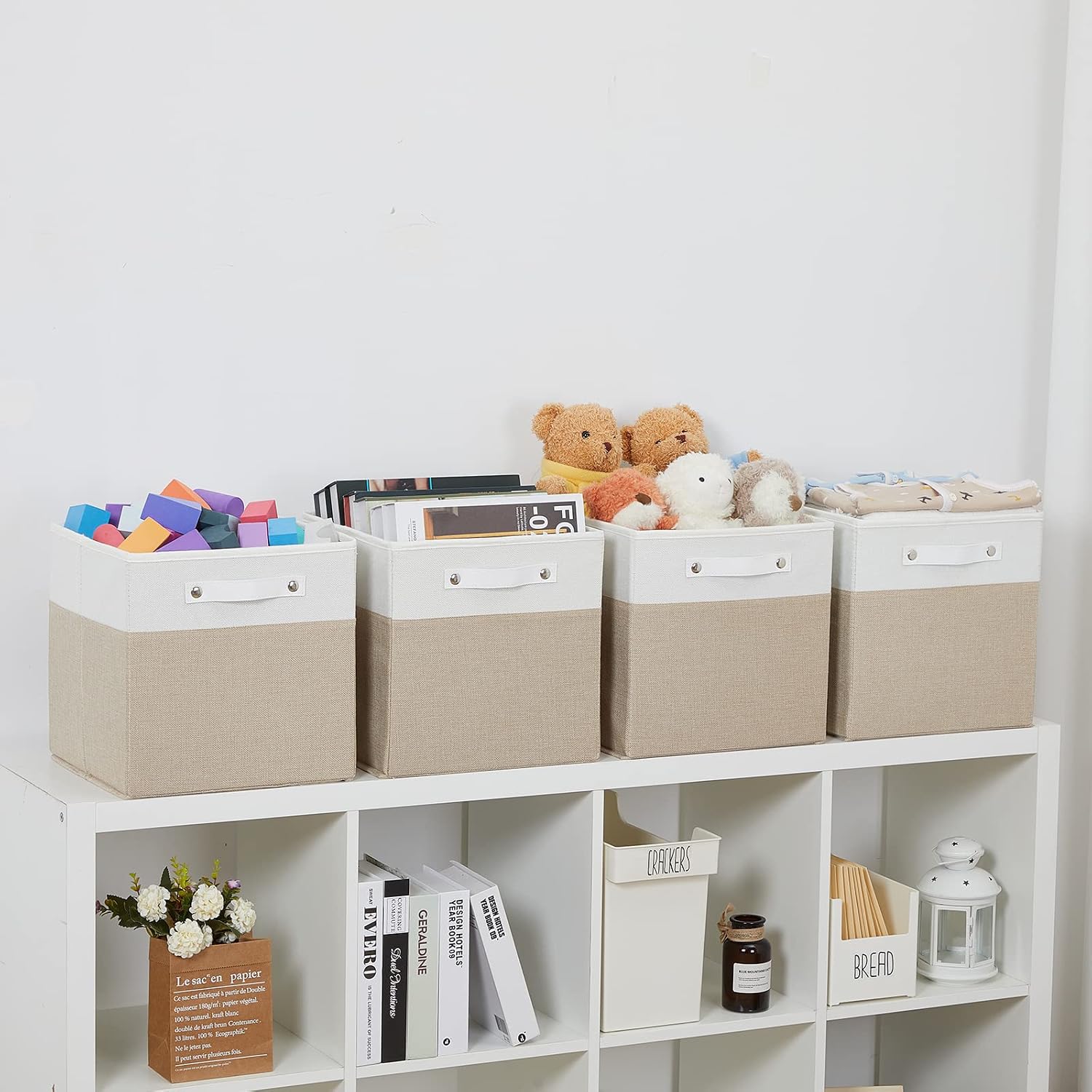 Bidtakay Baskets for Storage 12 inch Cube Storage Organizer Bins for Shelves Foldable Fabric Cube Baskets for Organizng Beige 4 Pack Square Storage Cubes Bins for Closet Living Room Entryway Cabinet