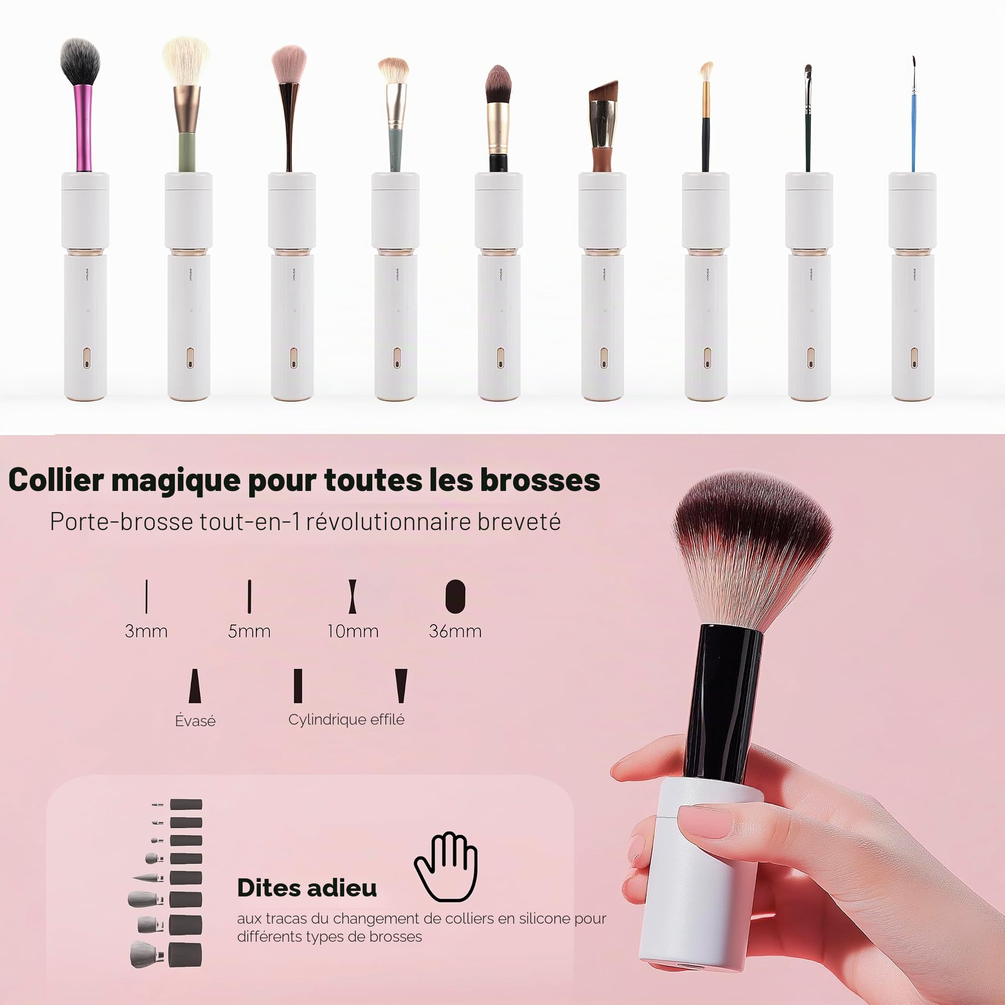 Machine électrique de nettoyage et de séchage pour pinceaux de maquillage, collier universel breveté amélioré qui s'adapte à 99 % des formes de pinceaux, nettoyage en profondeur et séchage