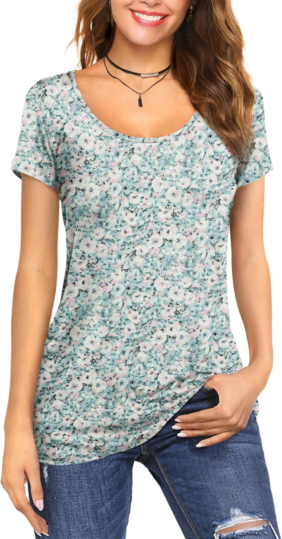 Amoretu Women's Scoop Neck Short Sleeve Tees Cotton T Shirts Blouses Tops