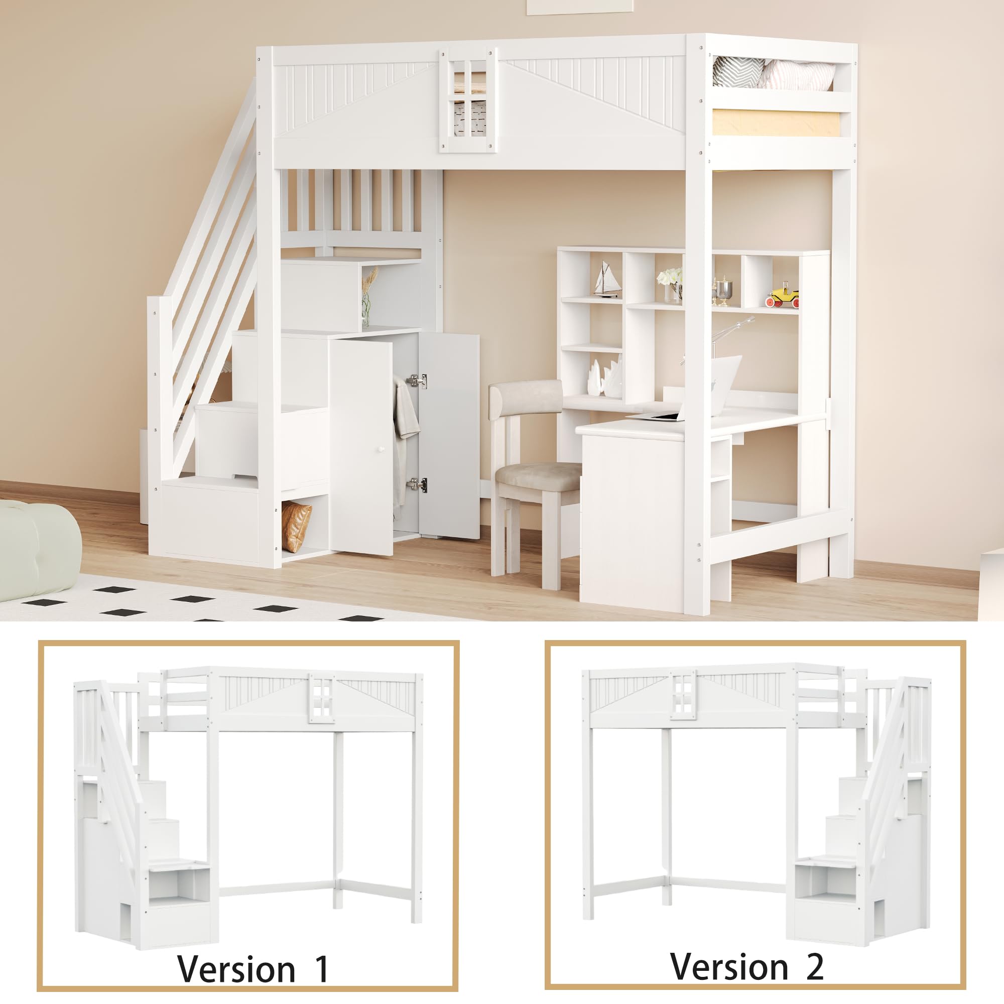 Azkoeesy Letto a soppalco per bambini con scala e armadio, 90 x 200 cm, in legno di pino, grigio-bianco, design a forma di finestra, per adulti e ragazzi (bianco)