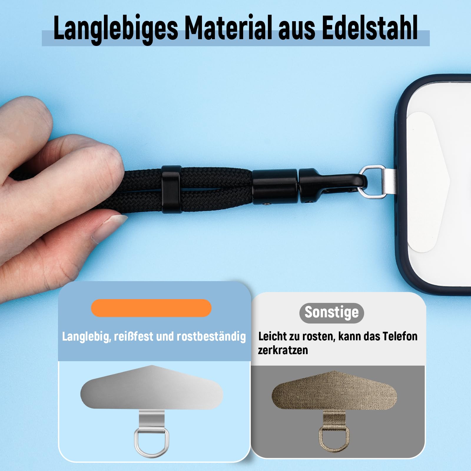2 sztuki uniwersalne pady ze stali nierdzewnej do łańcuszka na telefon, pady do smyczy na telefon, opaska na telefon z metalowym pierścieniem i łatką, 1 czarna smycz na nadgarstek