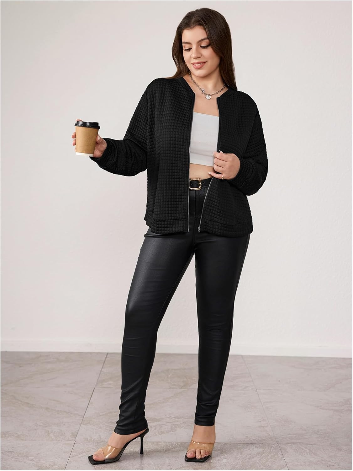 Verdusa Women's Plus Size Zip Up Long Sleeve Baseball Collar Textured Jacket Outerwear - Image 3