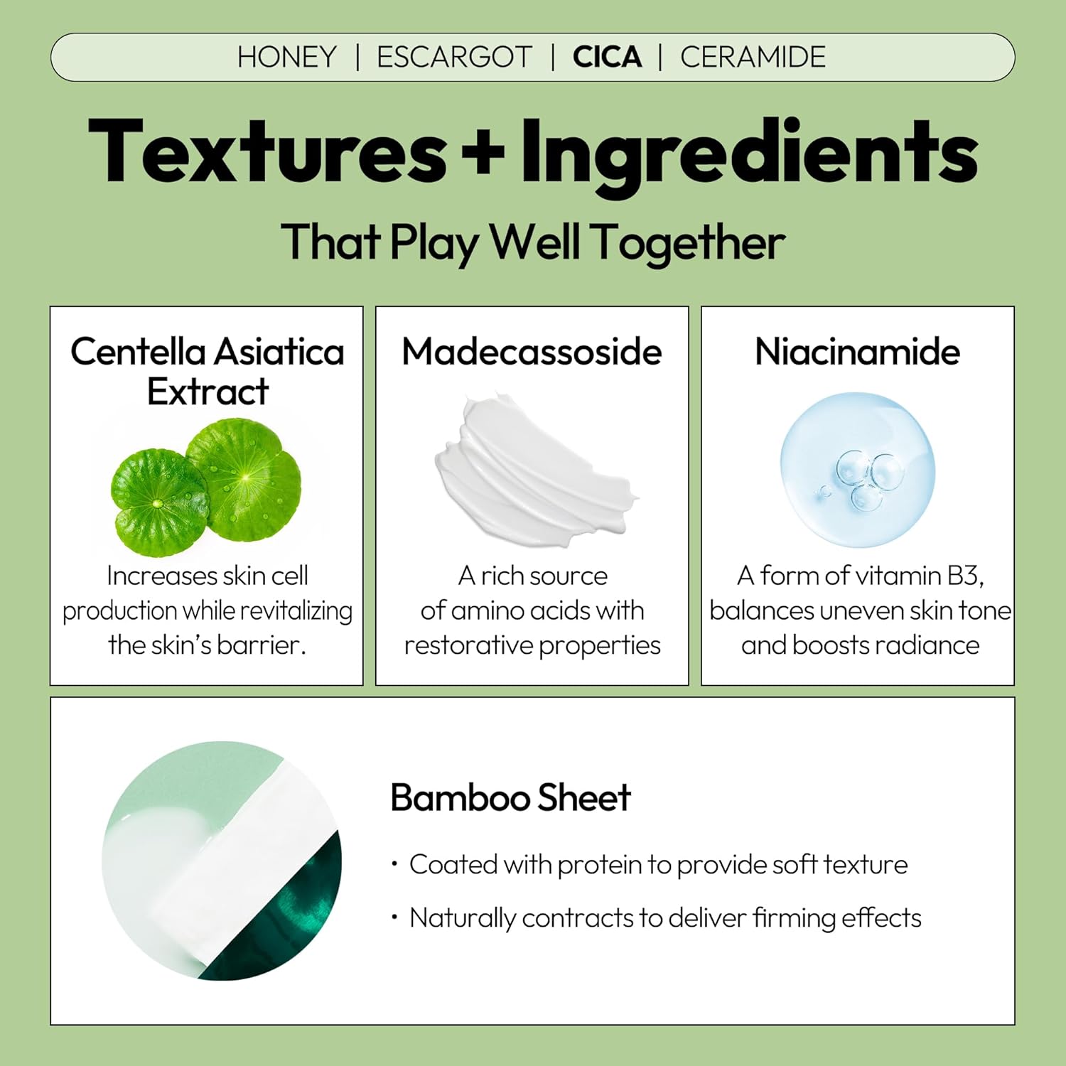 LAPCOS Skin Barrier Repair Sheet Mask Variety Pack – Escargot, Cica, Ceramide, Honey 4 Types of Face Mask Set – Daily Korean Skin Care w/Snail Mucin, Centella Asiatica & Niacinamide (12 ea) - Image 5