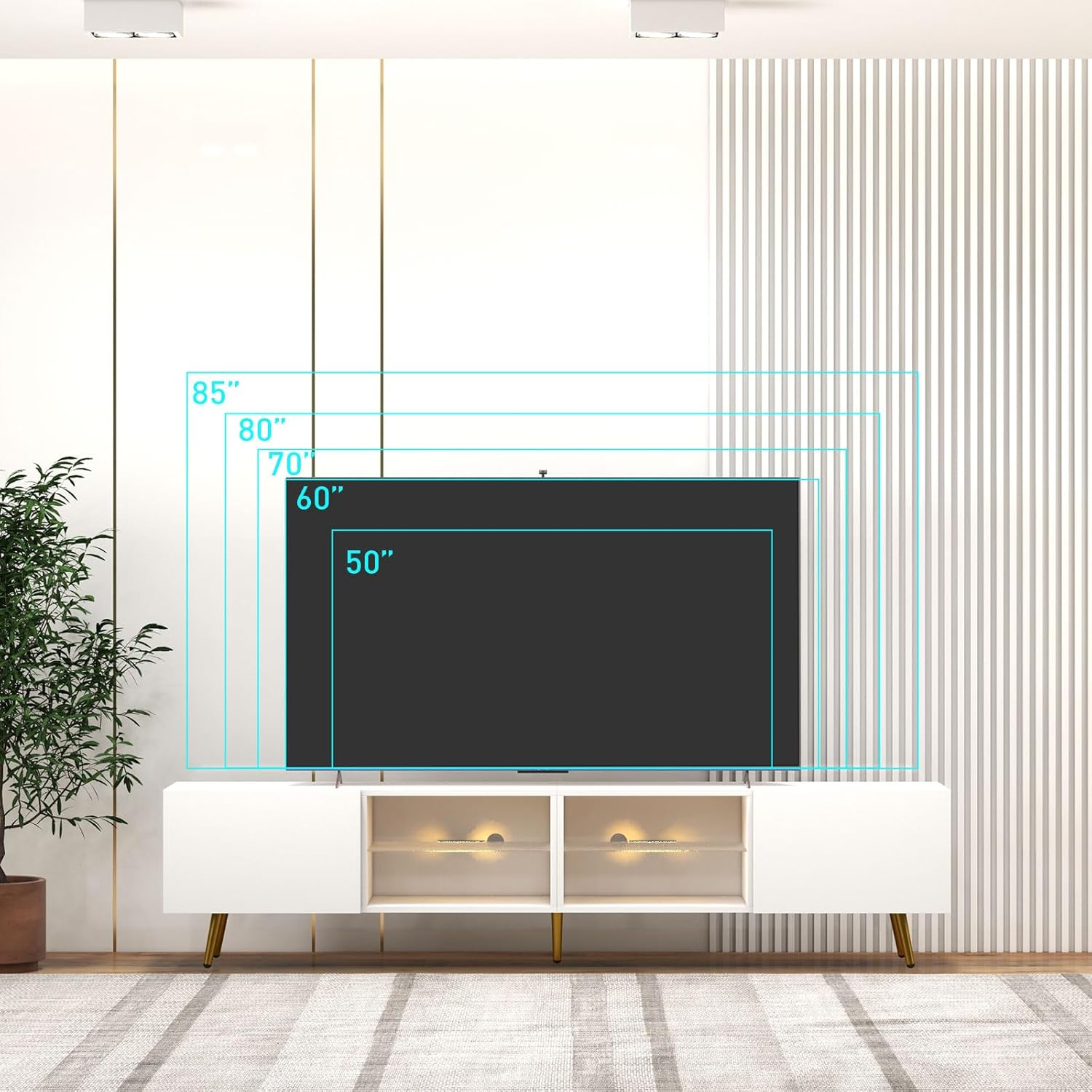 Bonzy Home 86" LED TV Stand, Modern Entertainment Center up to 75" 80" 85" TV, Television Console Table with Storage Cabinets for Living Room, White - Image 7