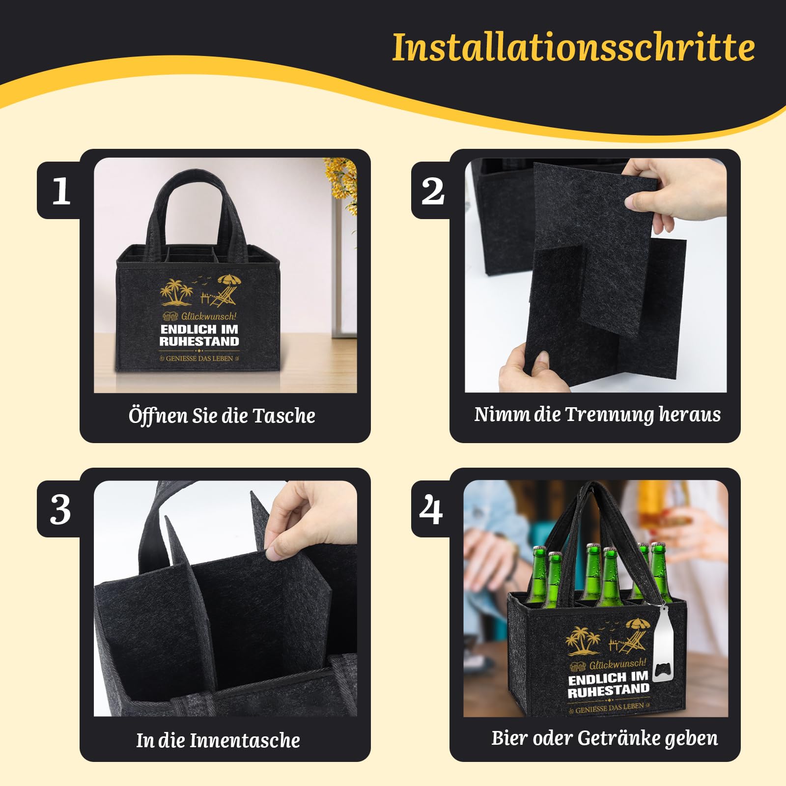 Shining She Renteneintritt Geschenk Männer Männerhandtasche Bier, Filz Flaschentasche 6 Flaschen mit Flaschenöffner Eiszange Bier Socken Grußkarten, Rente Geschenk Mann für Kollegen Freund Opa