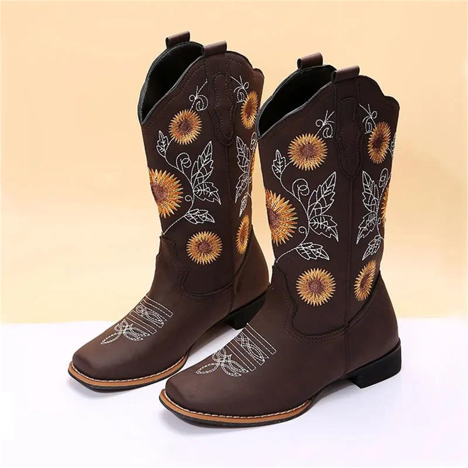 Lmtossey Donne Fiore Ricamo Scarpe Slip-On Stivali da Equitazione Lady Square Heel Mid-Polpaccio Boot Femminile Inverno Sottile Peluche Scarpa