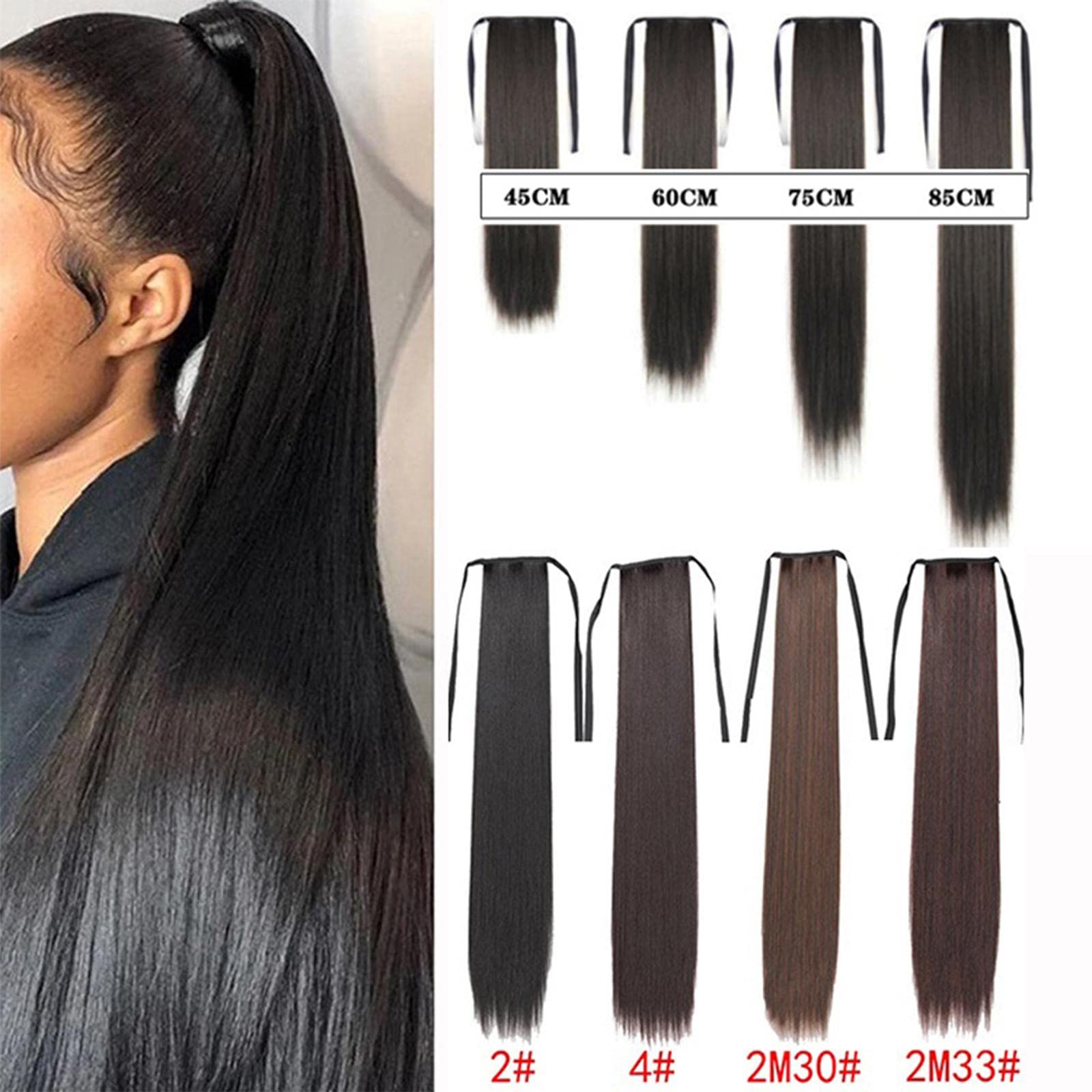 Extension de Queue de Cheval Longue Lisse avec Cordon Faux Postiche Noir Perruque Synthétique Fibre Résistante à La Chaleur Fixation Par Pince Confort, 75CM