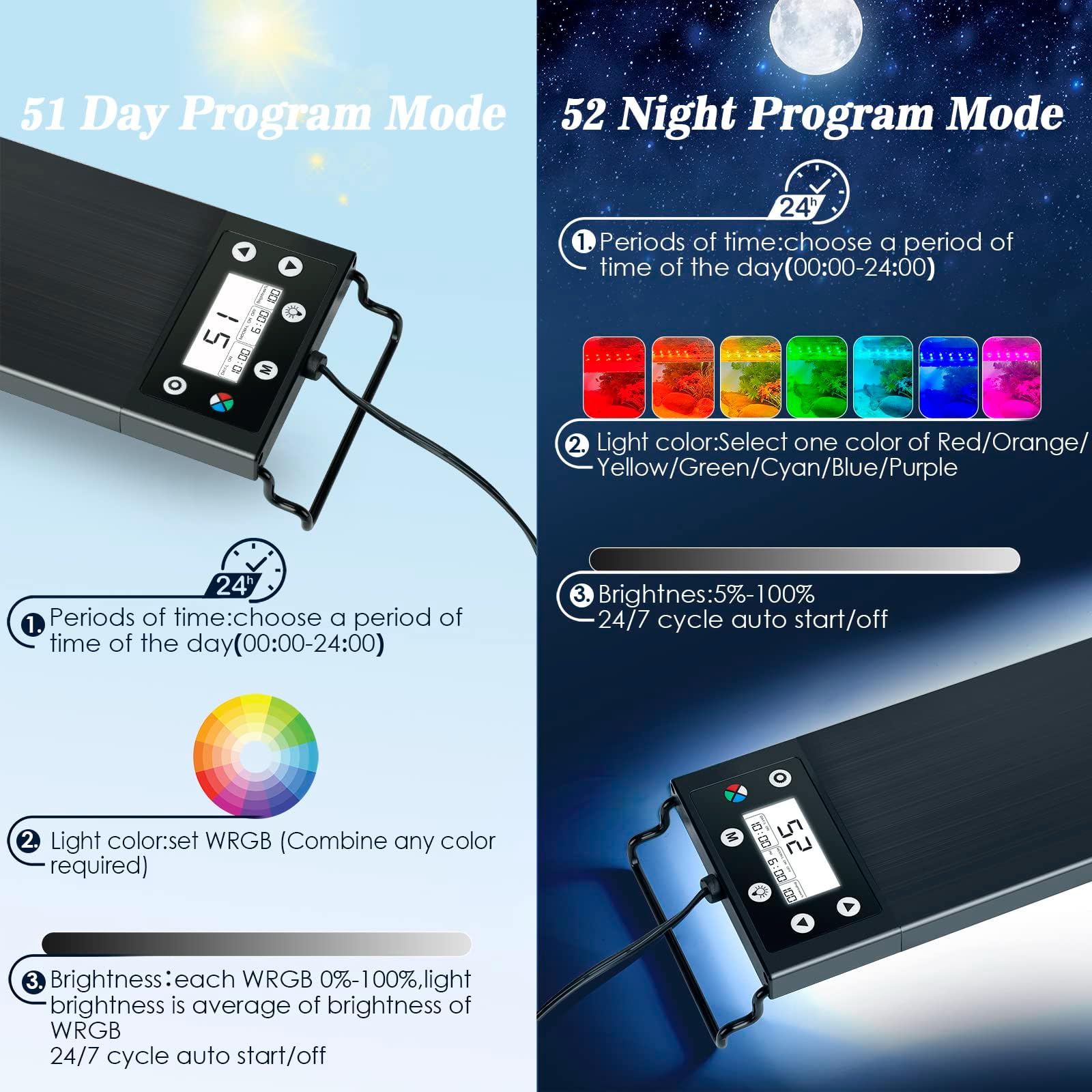 hygger Aquarium-ledverlichting, 60 W volledig spectrum, aquariumverlichting met lcd-instelling, zonsopgang- en ondergang, maan en doe-het-zelfmodus, instelbare timer, aquariumlicht met 7 kleuren, voor