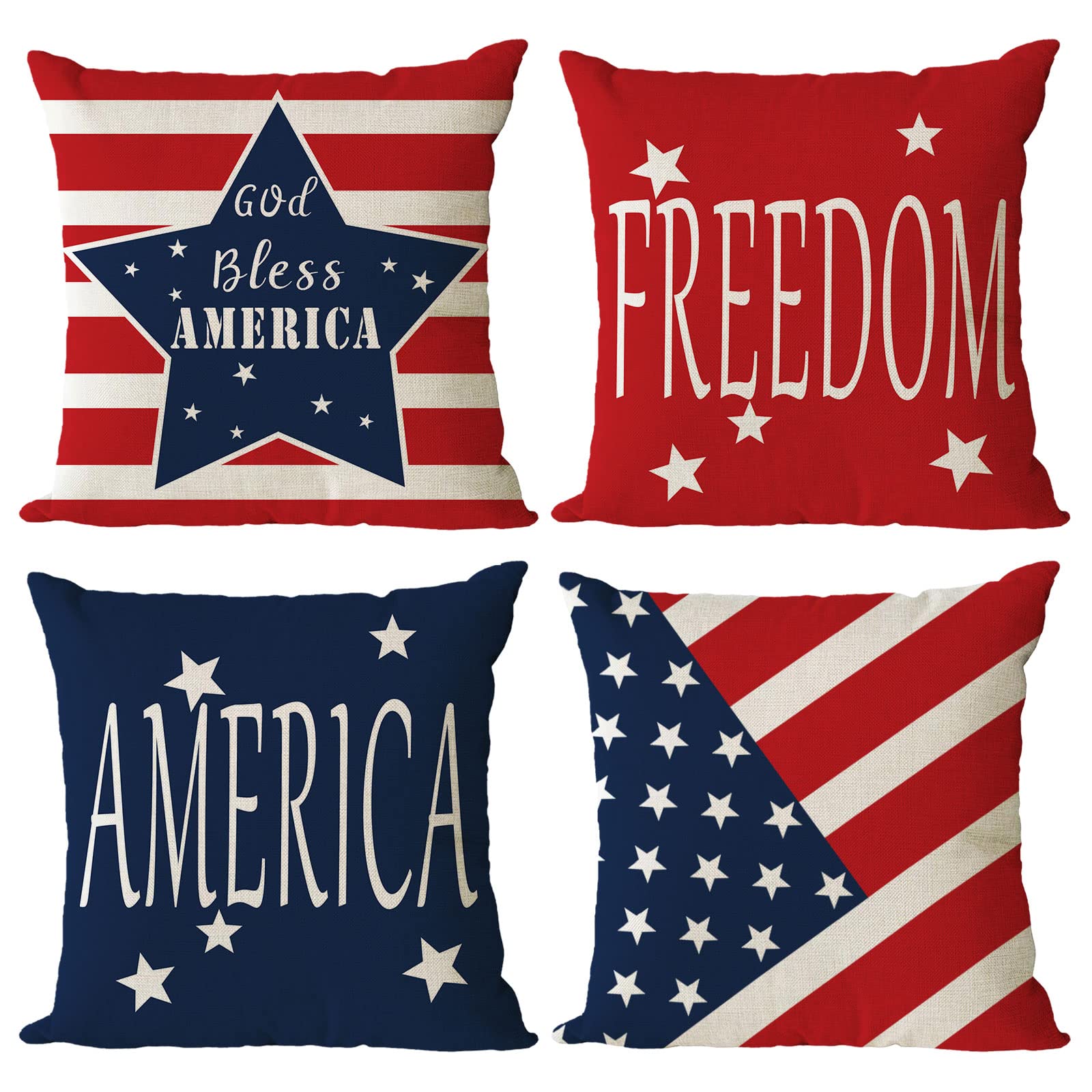 Set of 4 Patriotic Throw Pillow Covers 16x16 Inch 4th of July Pillow Covers Memorial Day Independence Day Cushion Covers Fourth of July Pillow Covers