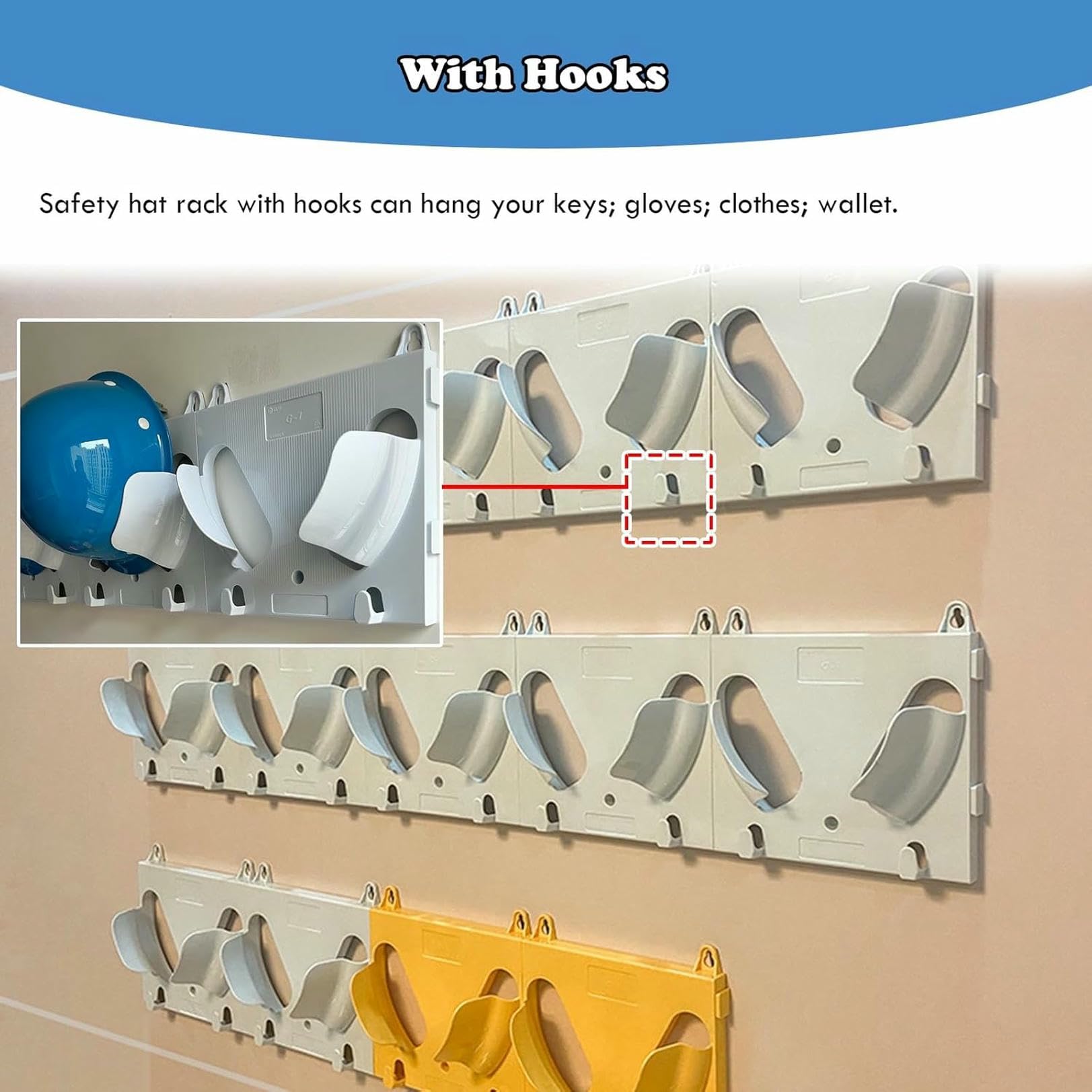 Organizador de Cascos (Paquete de 1/2/3/4/6/8), Soporte de Pared para Cascos de Seguridad, Ideal para Oficina, Taller, Garaje y Obra.