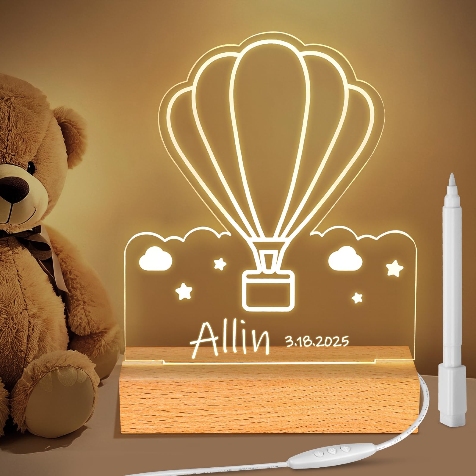 CENOVE Lampara Personalizada con DIY Nombre, Globo Aerostático LED Lampara Infantil Noche, Regalos Bebes Recien Nacidos Originales, Regalos para Niños y Niñas