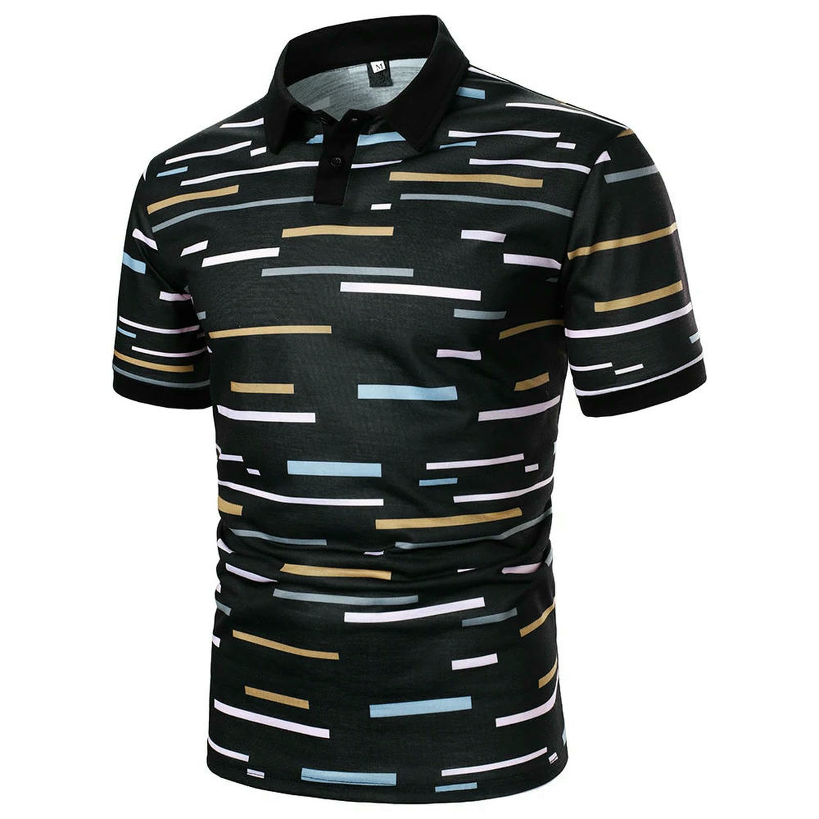 Maglietta Uomo Mens T-Shirt Uomini Manica Corta Color Block Stampato Charm Mature Casual Moda Lapel Top-Nero-XL